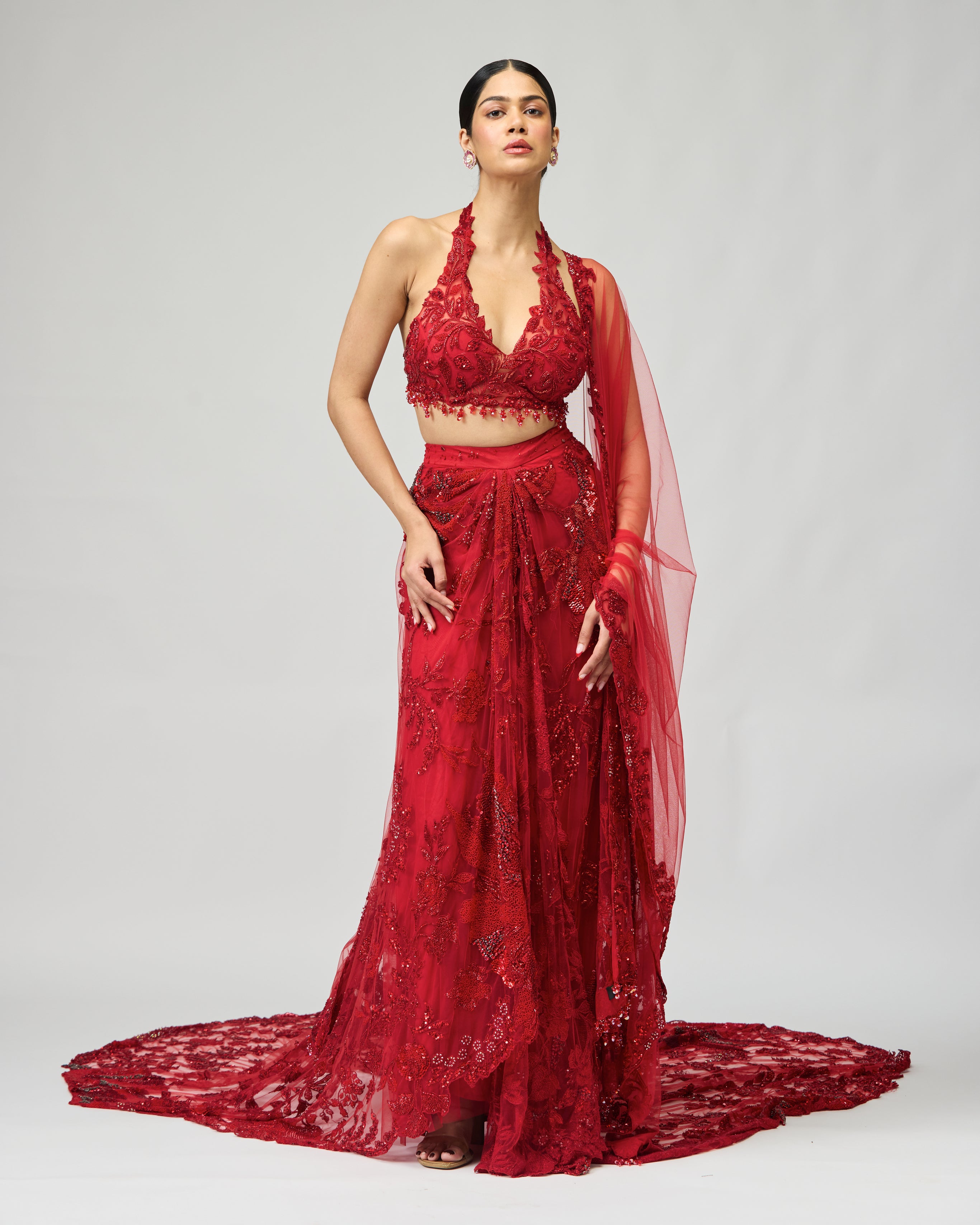 RED EMBELLISHED SAREE SET