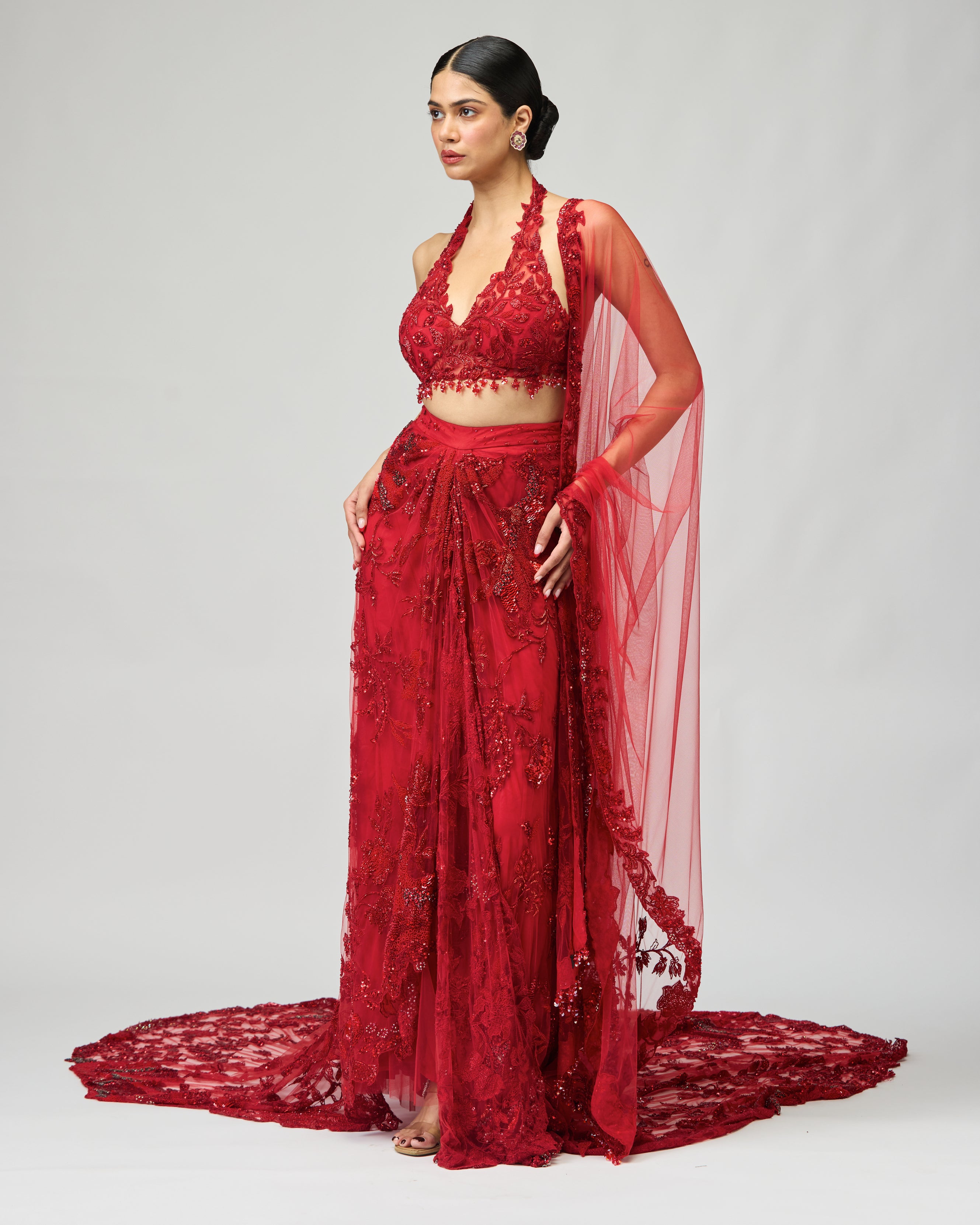 RED EMBELLISHED SAREE SET