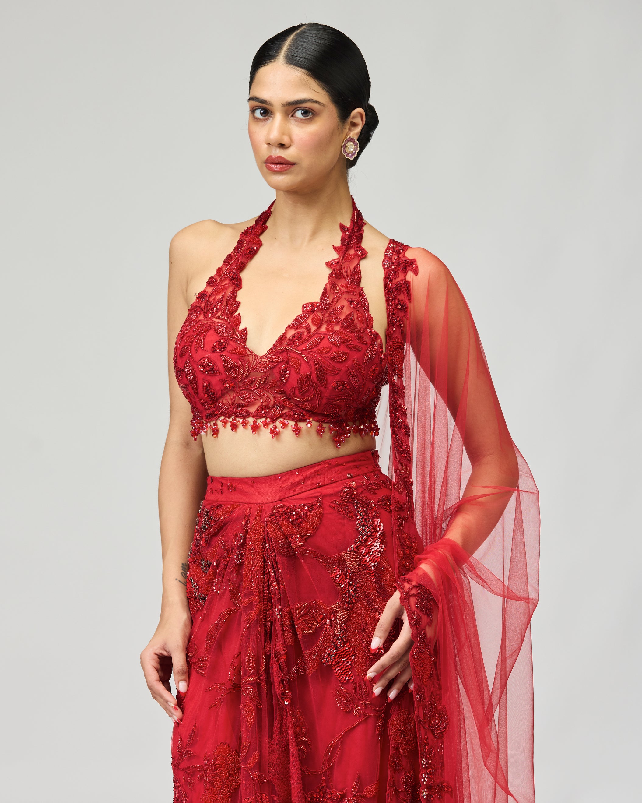 RED EMBELLISHED SAREE SET