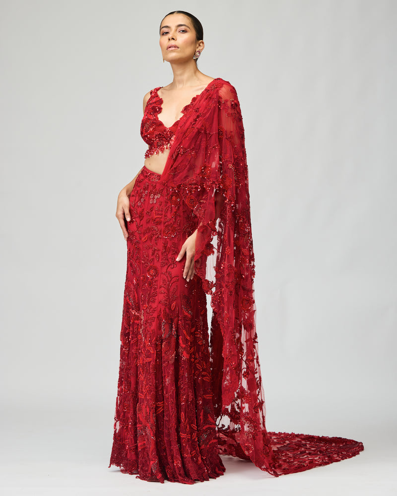 RED EMBROIDERED SAREE SET