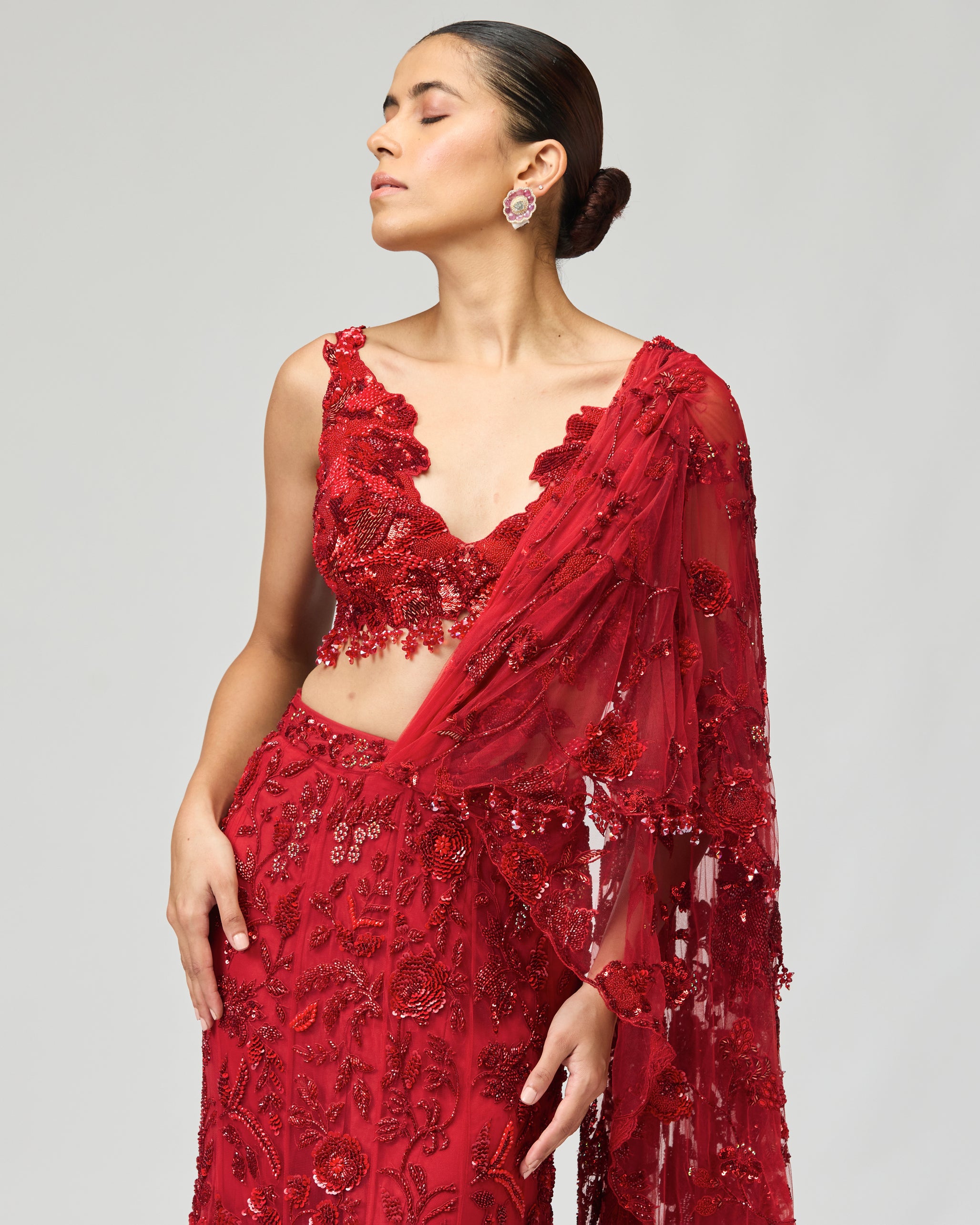 RED EMBROIDERED SAREE SET