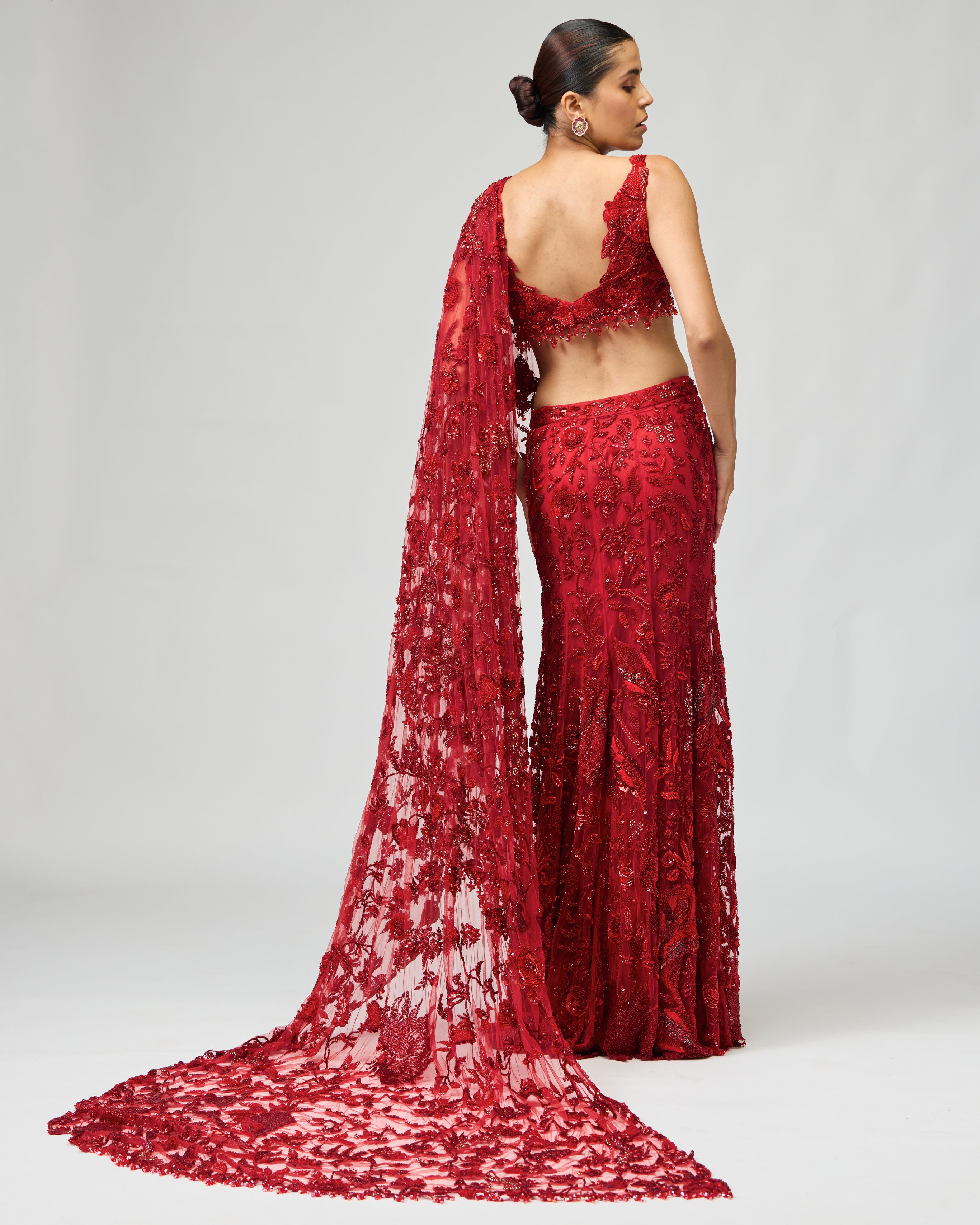 RED EMBROIDERED SAREE SET