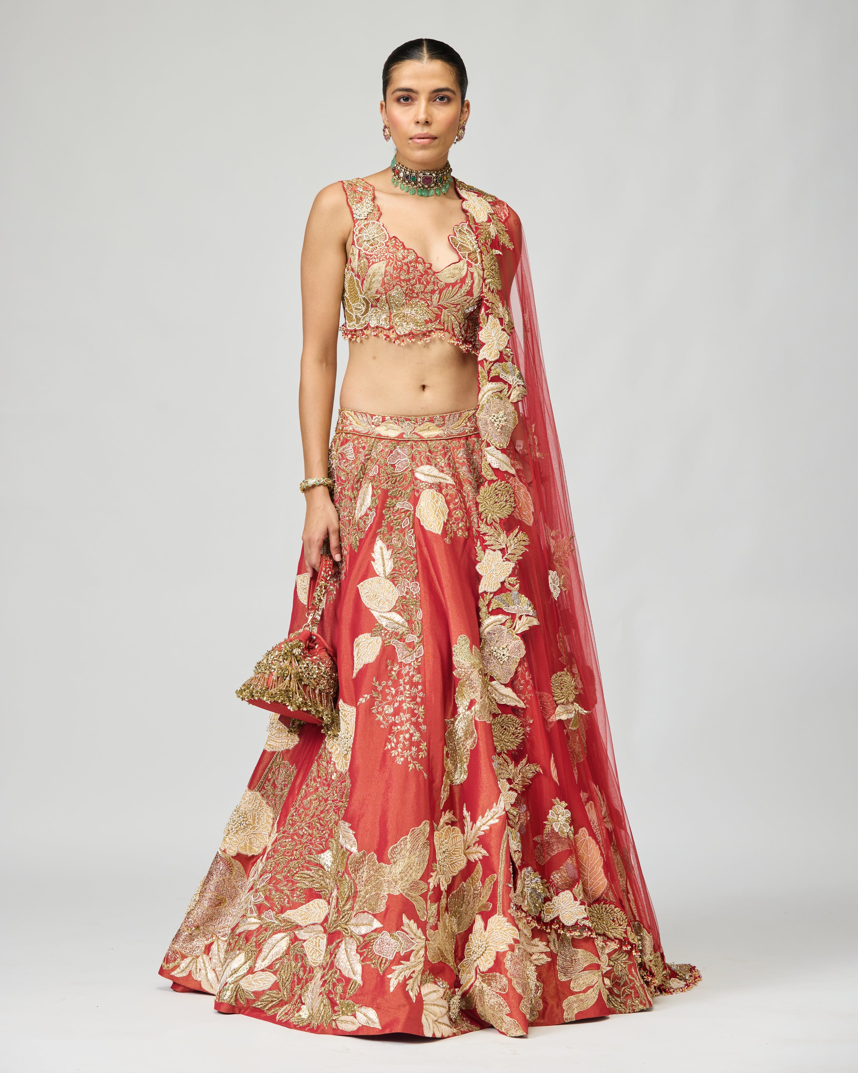 RED & GOLD ZARI DABKA EMBELLISHED LEHENGA SET