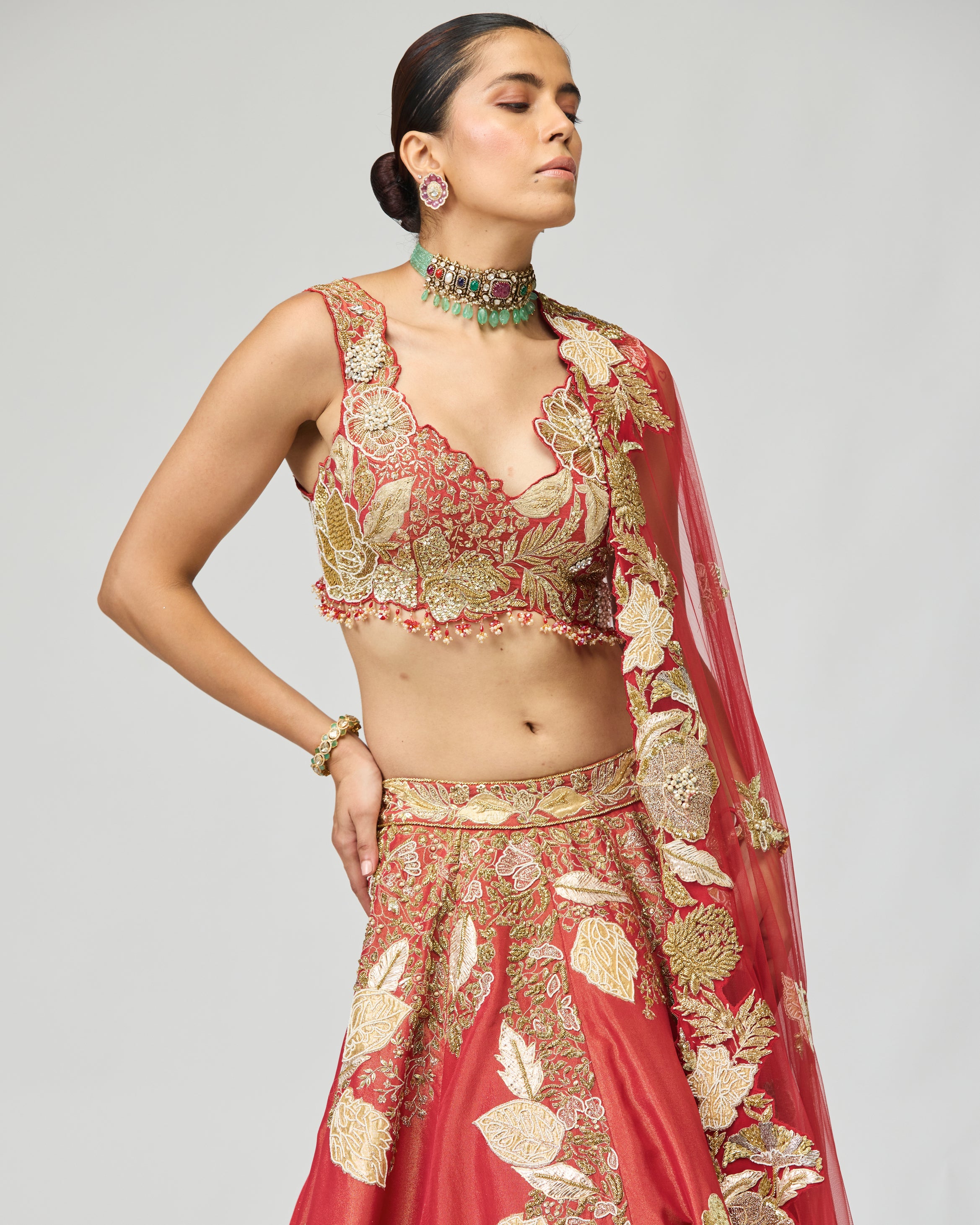 RED & GOLD ZARI DABKA EMBELLISHED LEHENGA SET