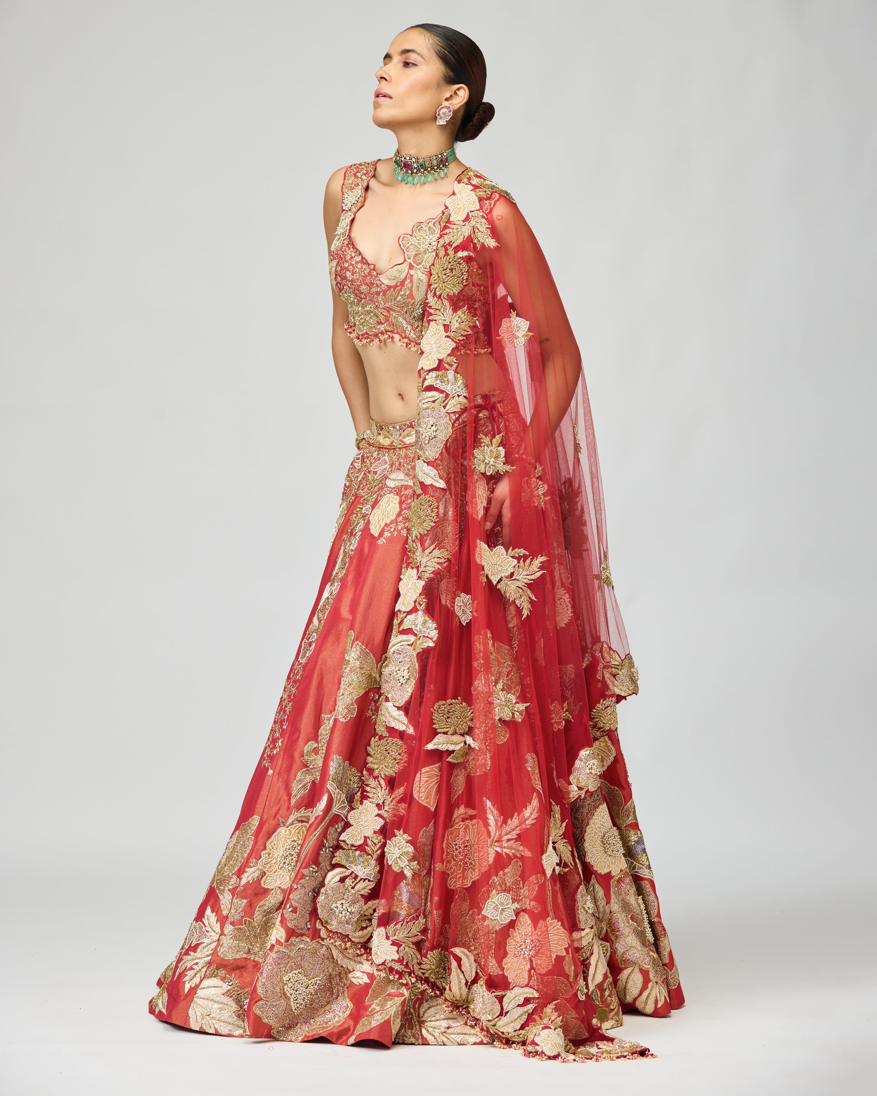 RED & GOLD ZARI DABKA EMBELLISHED LEHENGA SET