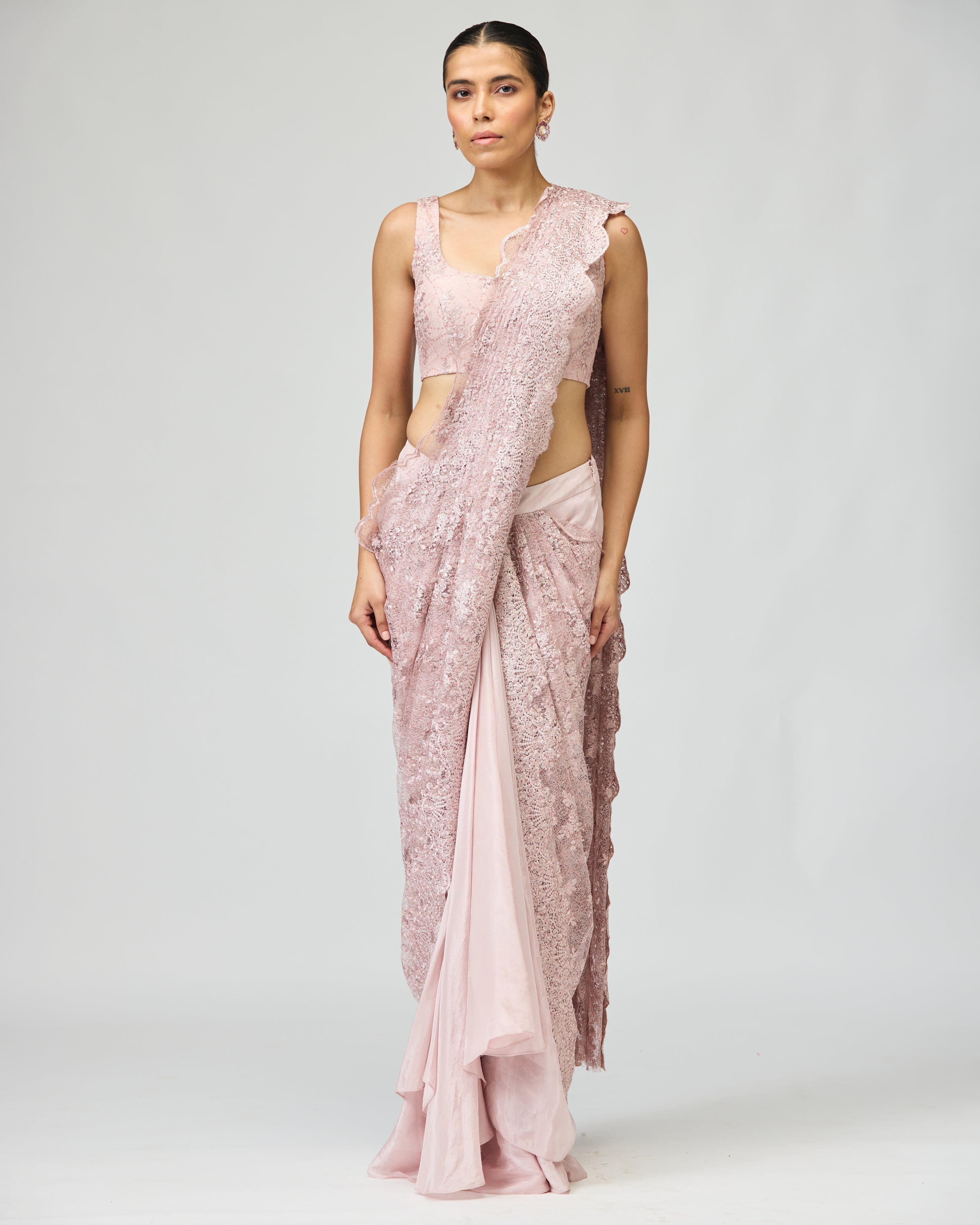 PINK SHEER EMBROIDERED SAREE SET