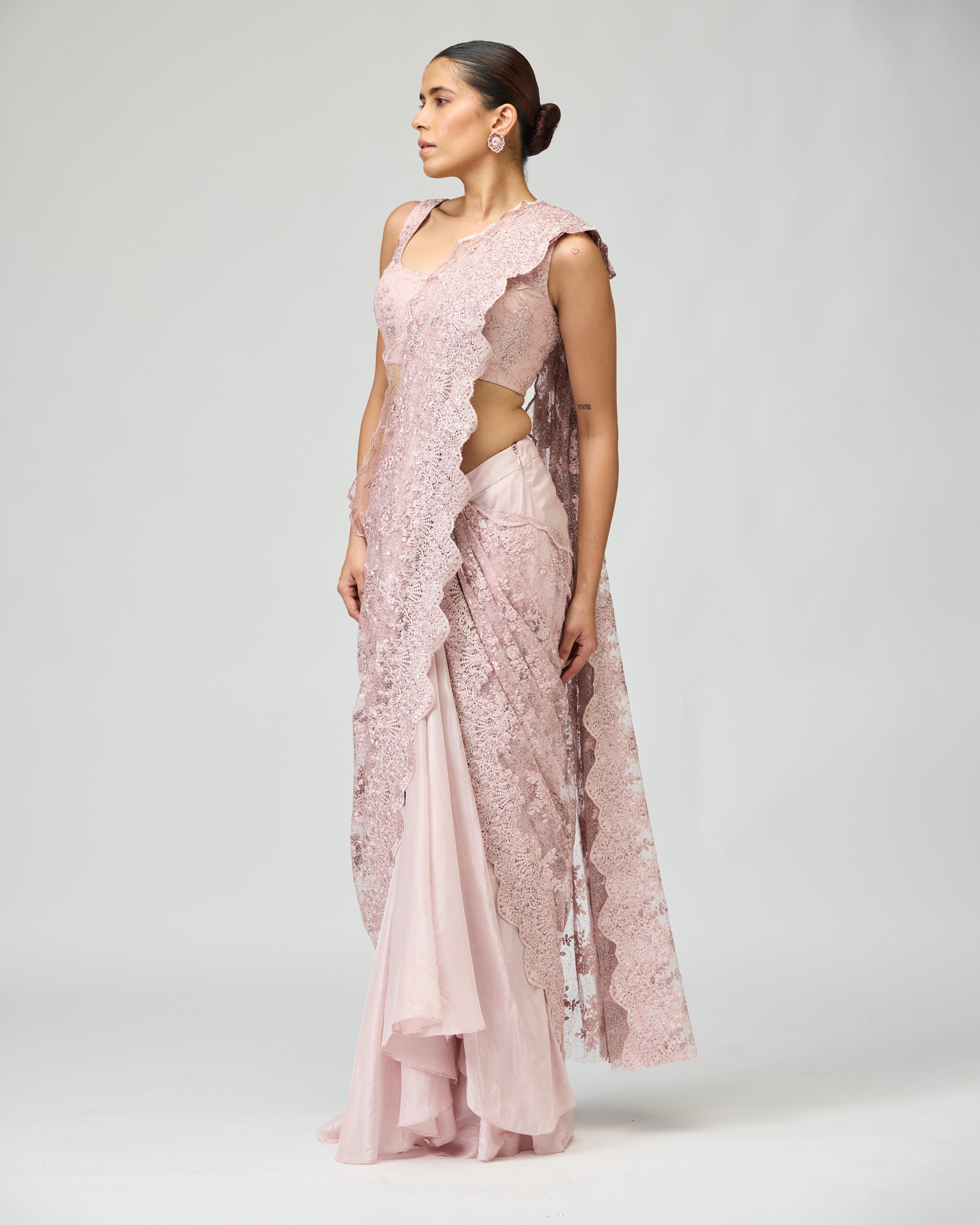 PINK SHEER EMBROIDERED SAREE SET