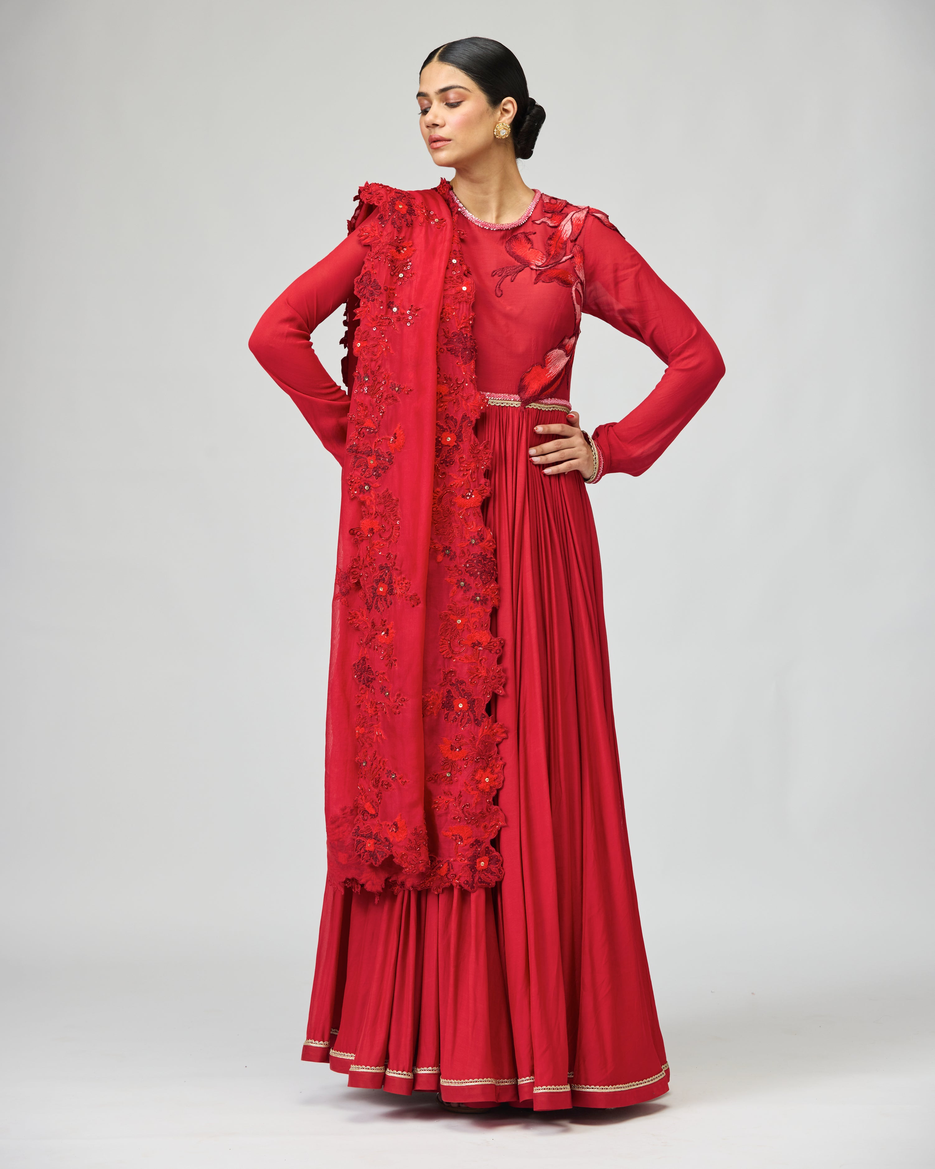 RED OPARA SILK ANARKALI SET
