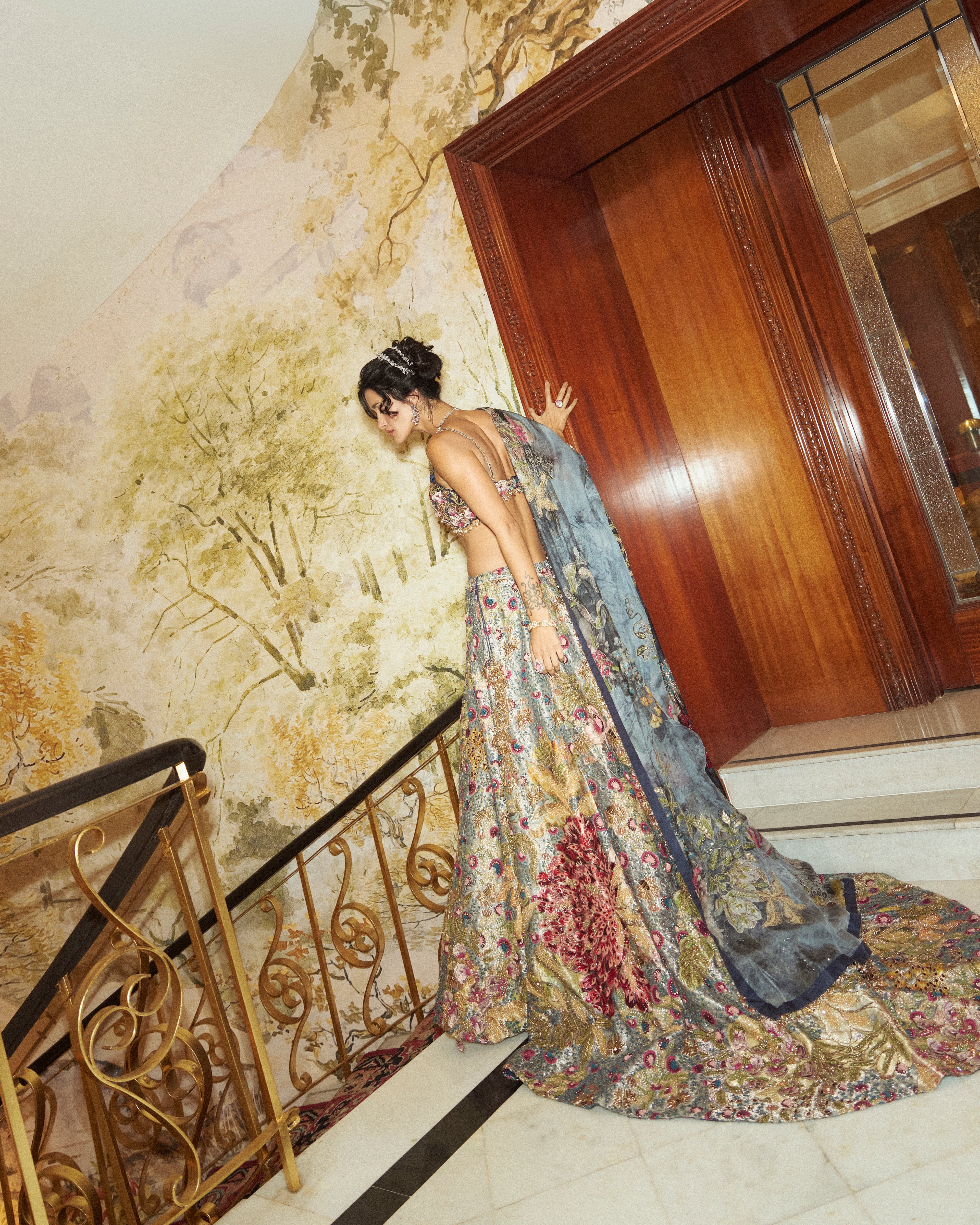 BLUE SILK BROCADE LEHENGA SET