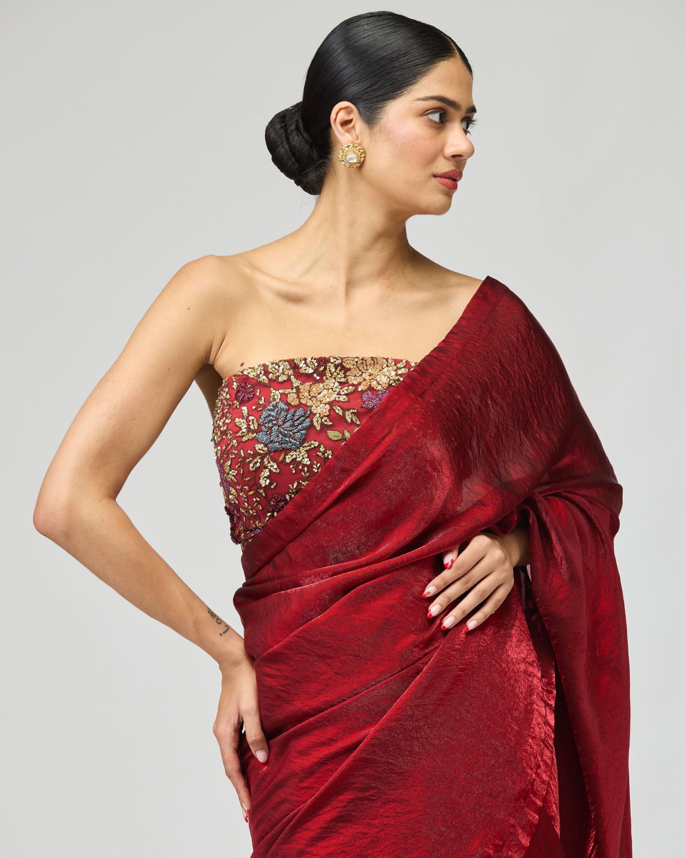 MAROON NET EMBROIDERED SAREE SET