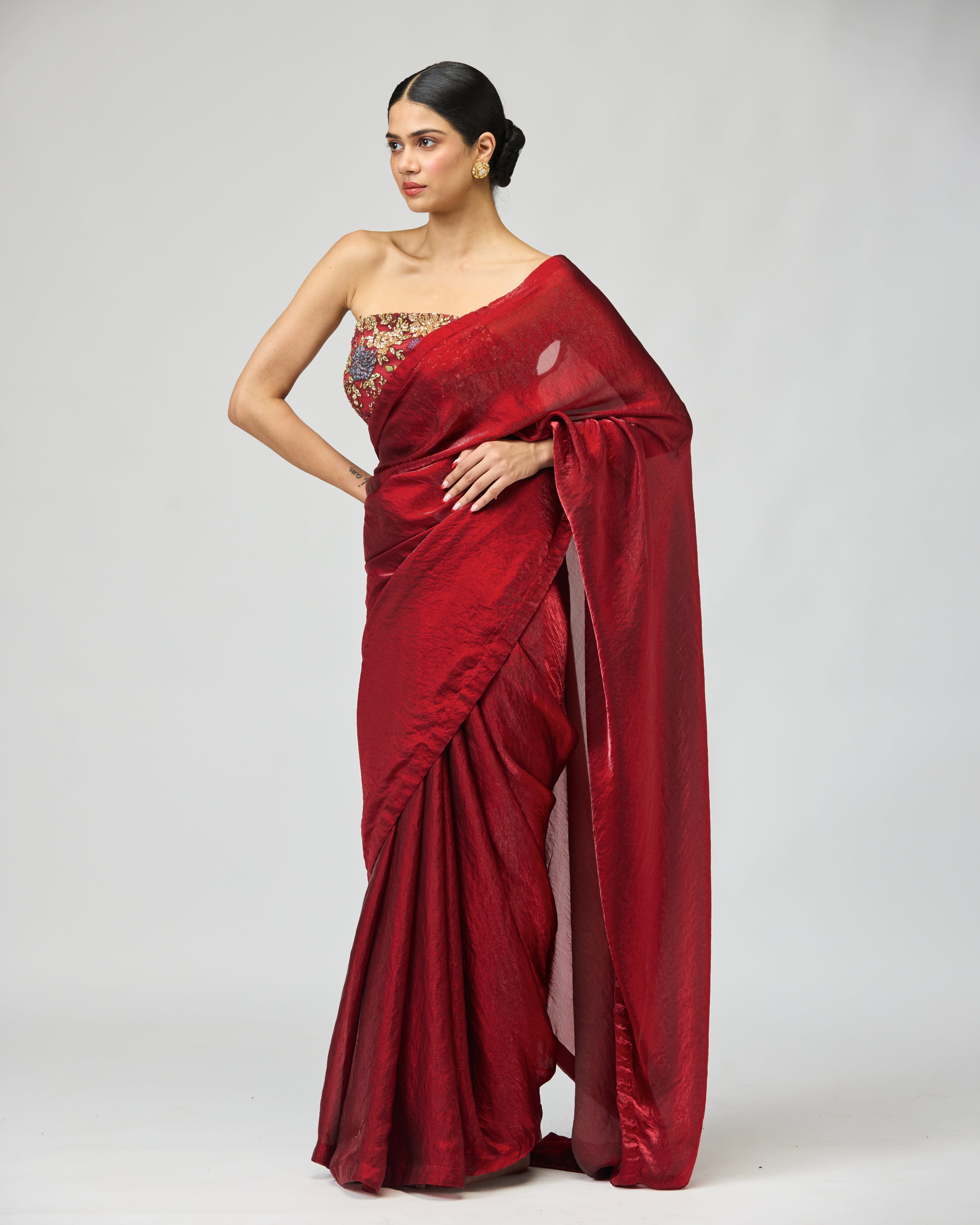 MAROON NET EMBROIDERED SAREE SET