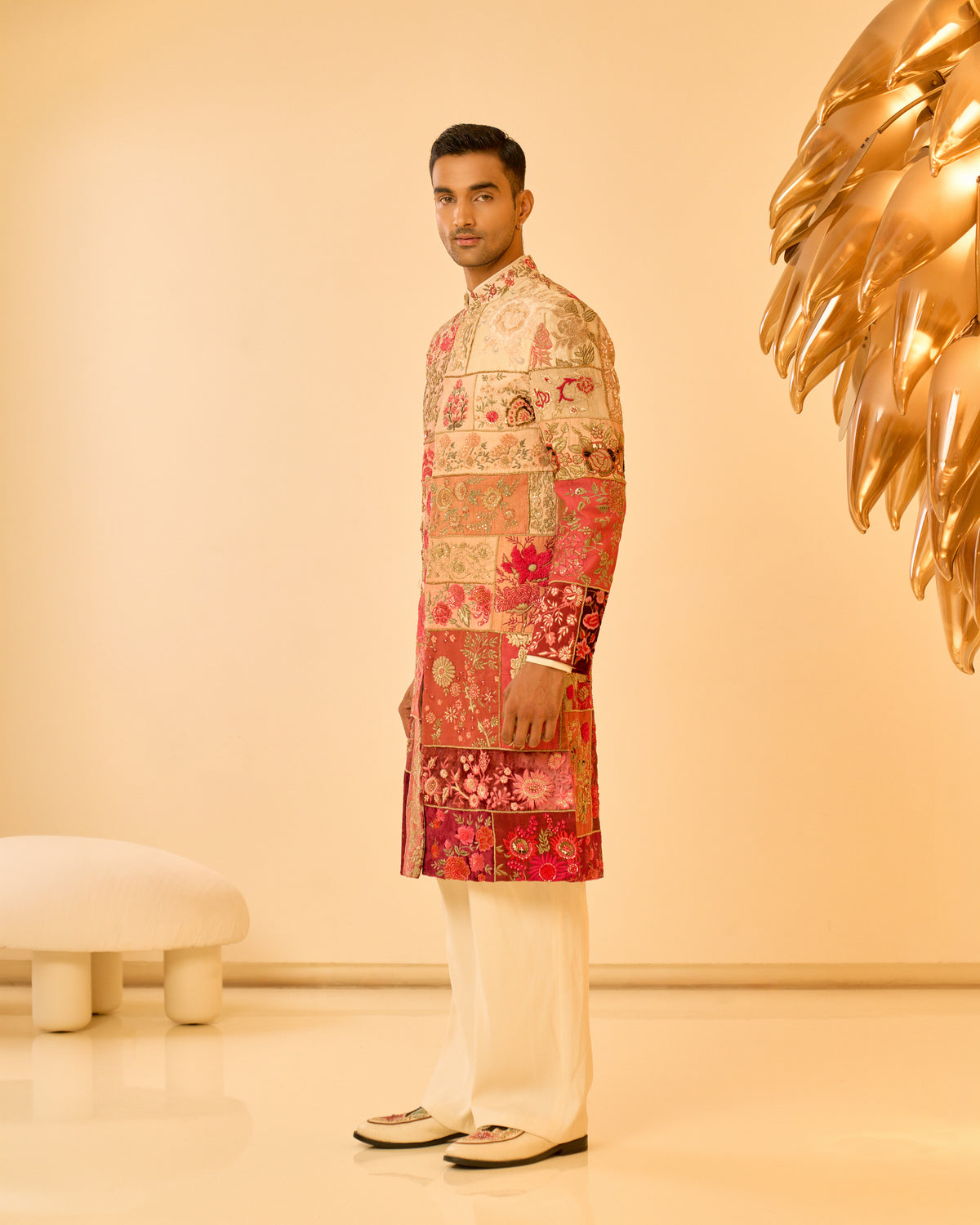 Red Ombre Multi Patchwork Sherwani Set