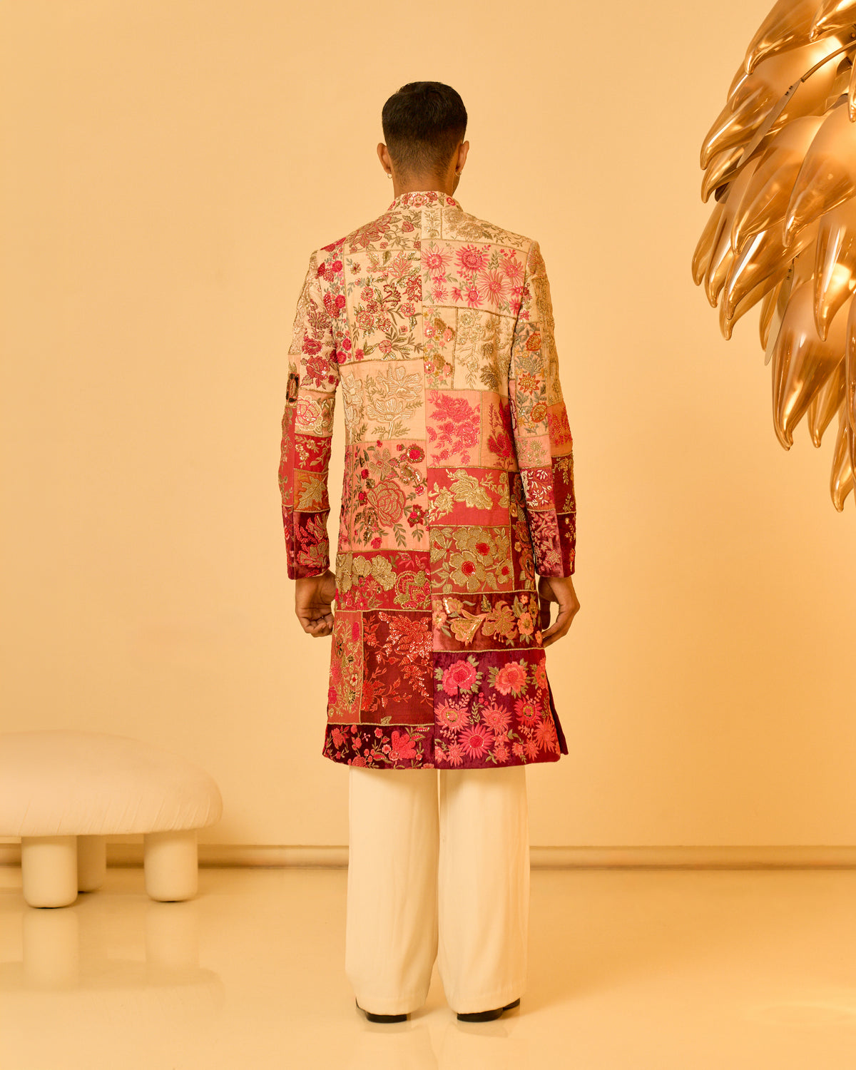 Red Ombre Multi Patchwork Sherwani Set