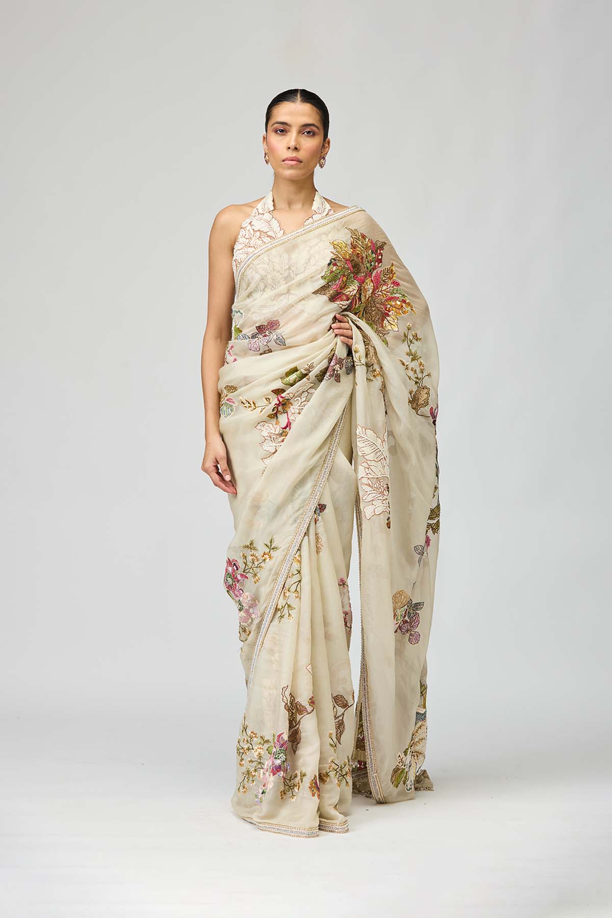 Ivory Botanical Saree Set