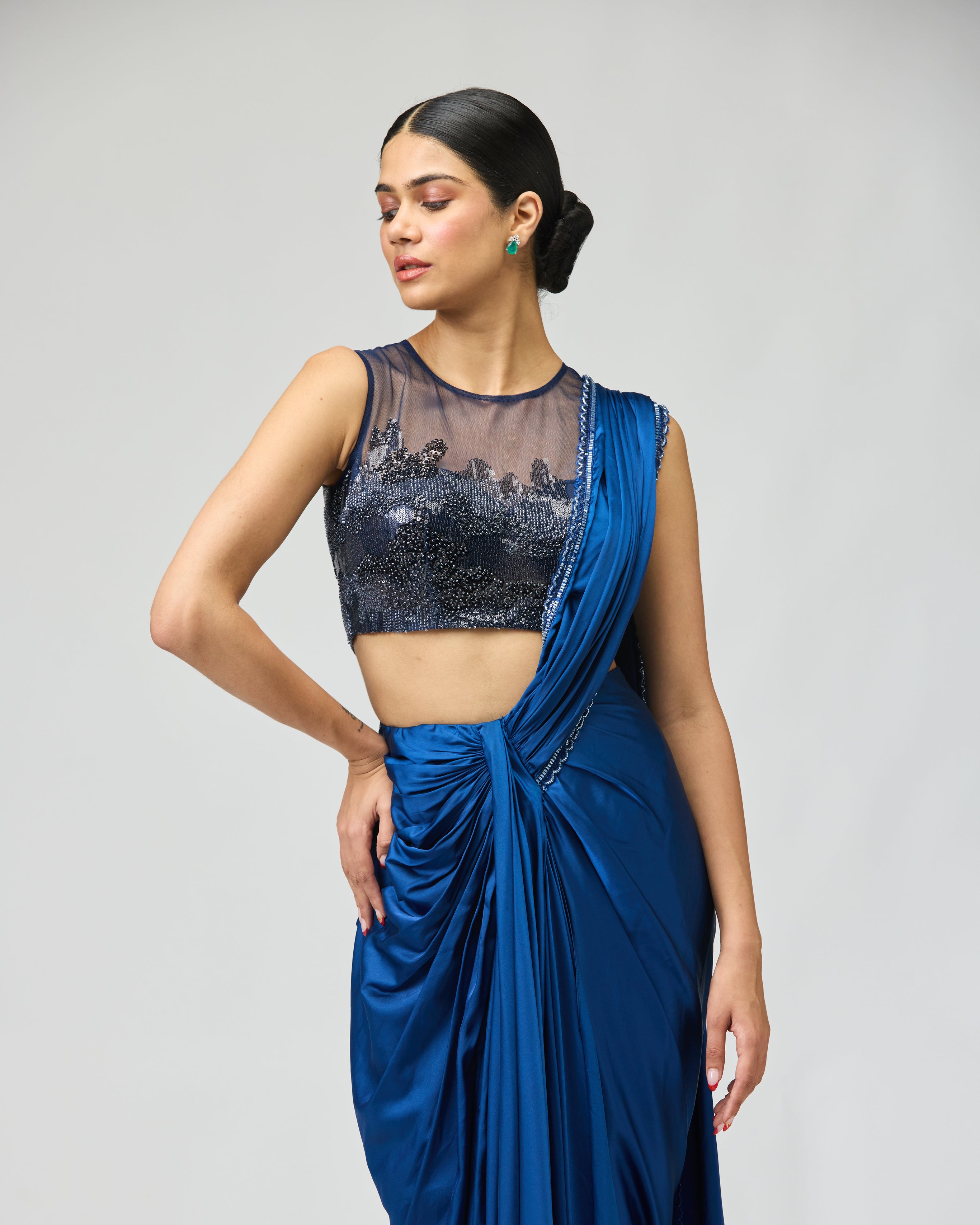 NAVY ARMANI SATIN SAREE SET