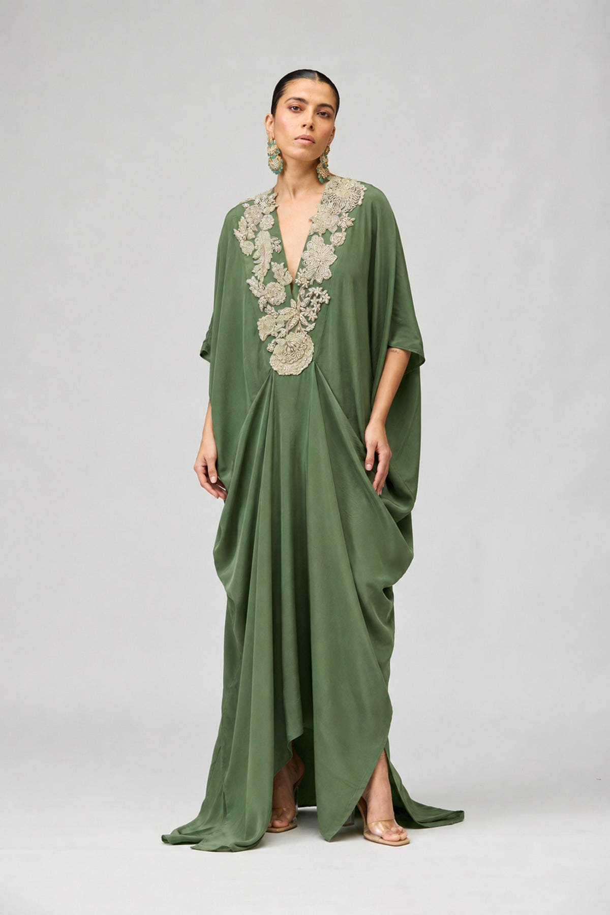 Sage Green Embroidered Draped Kaftan