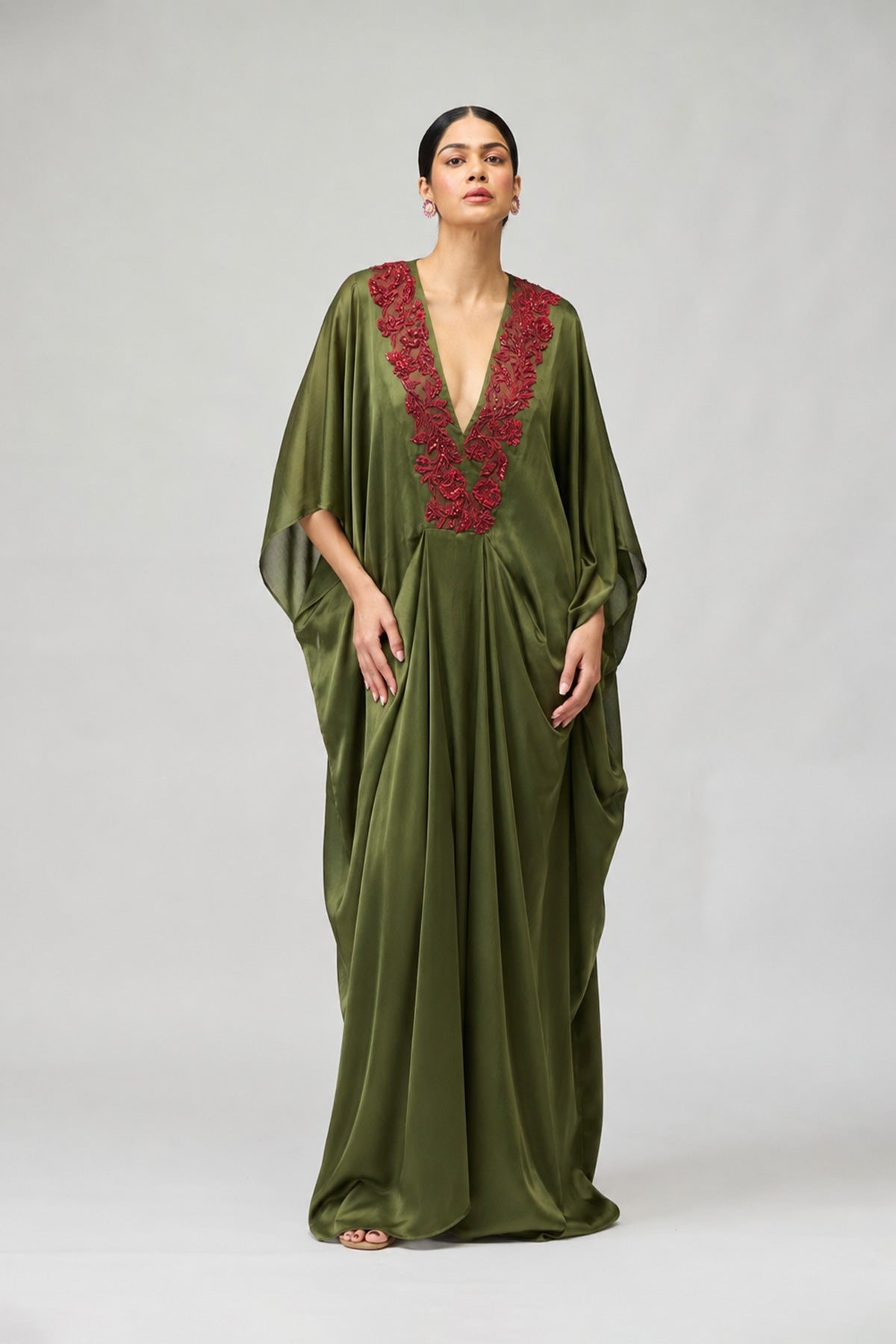 Green Embroidered Draped Kaftan
