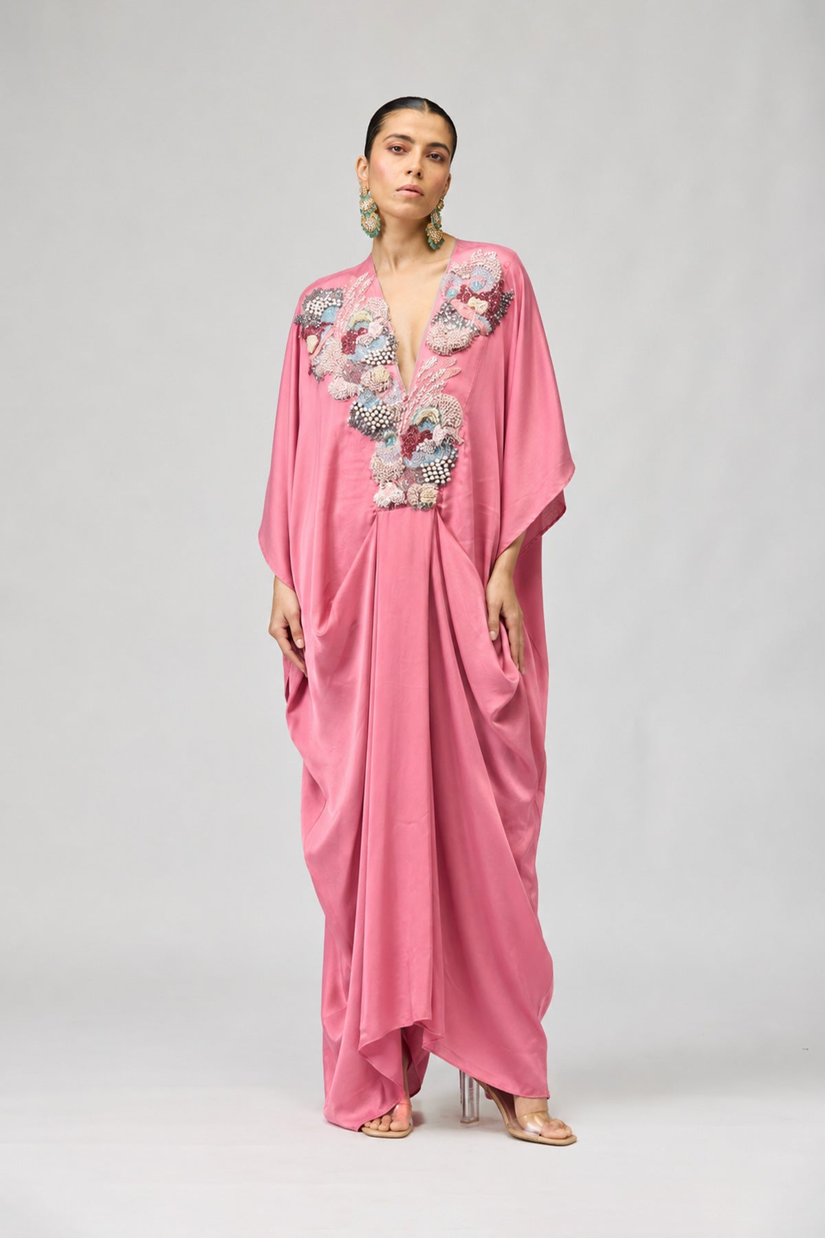 Pink Embroidered Draped Kaftan