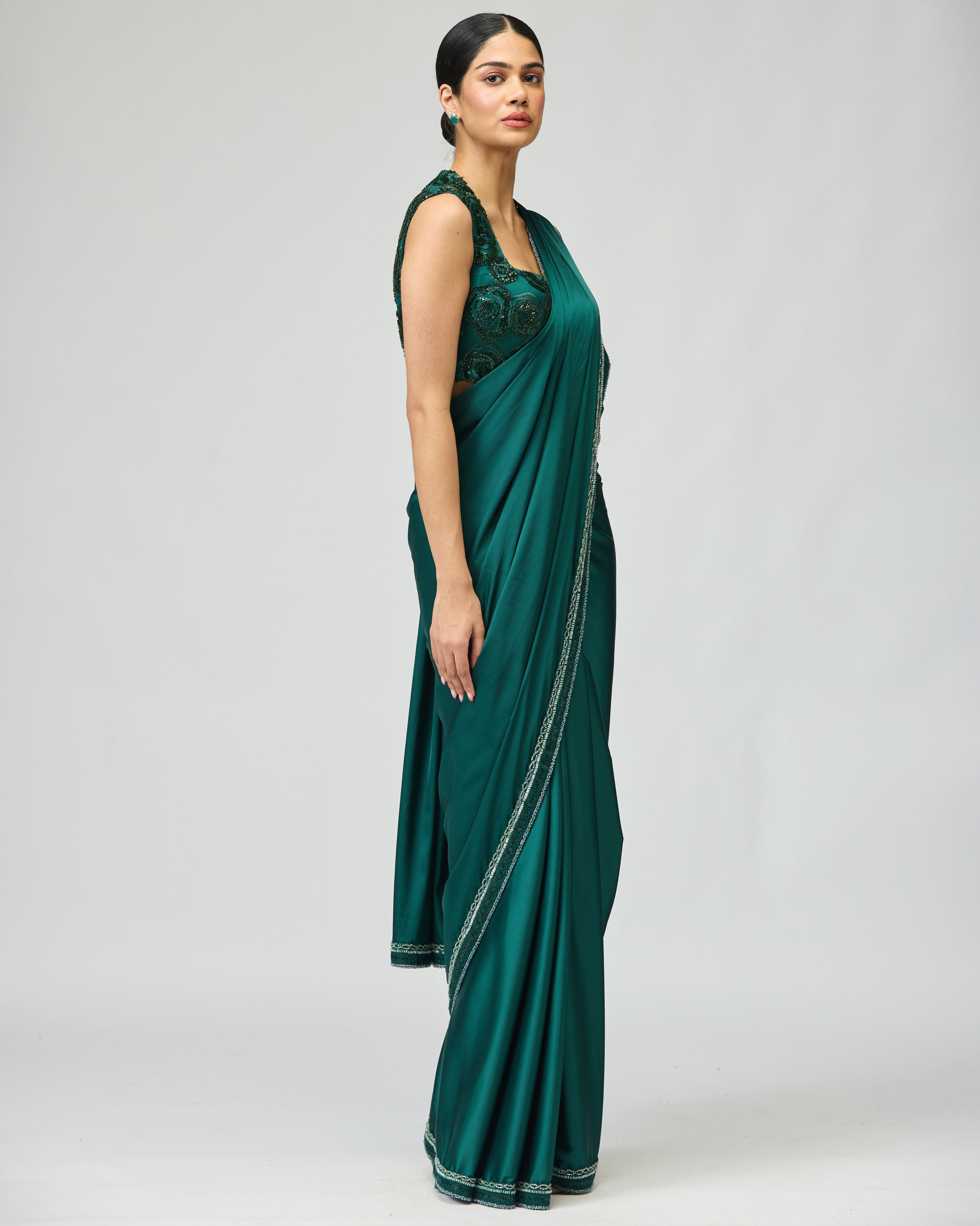 GREEN SATIN SAREE SET