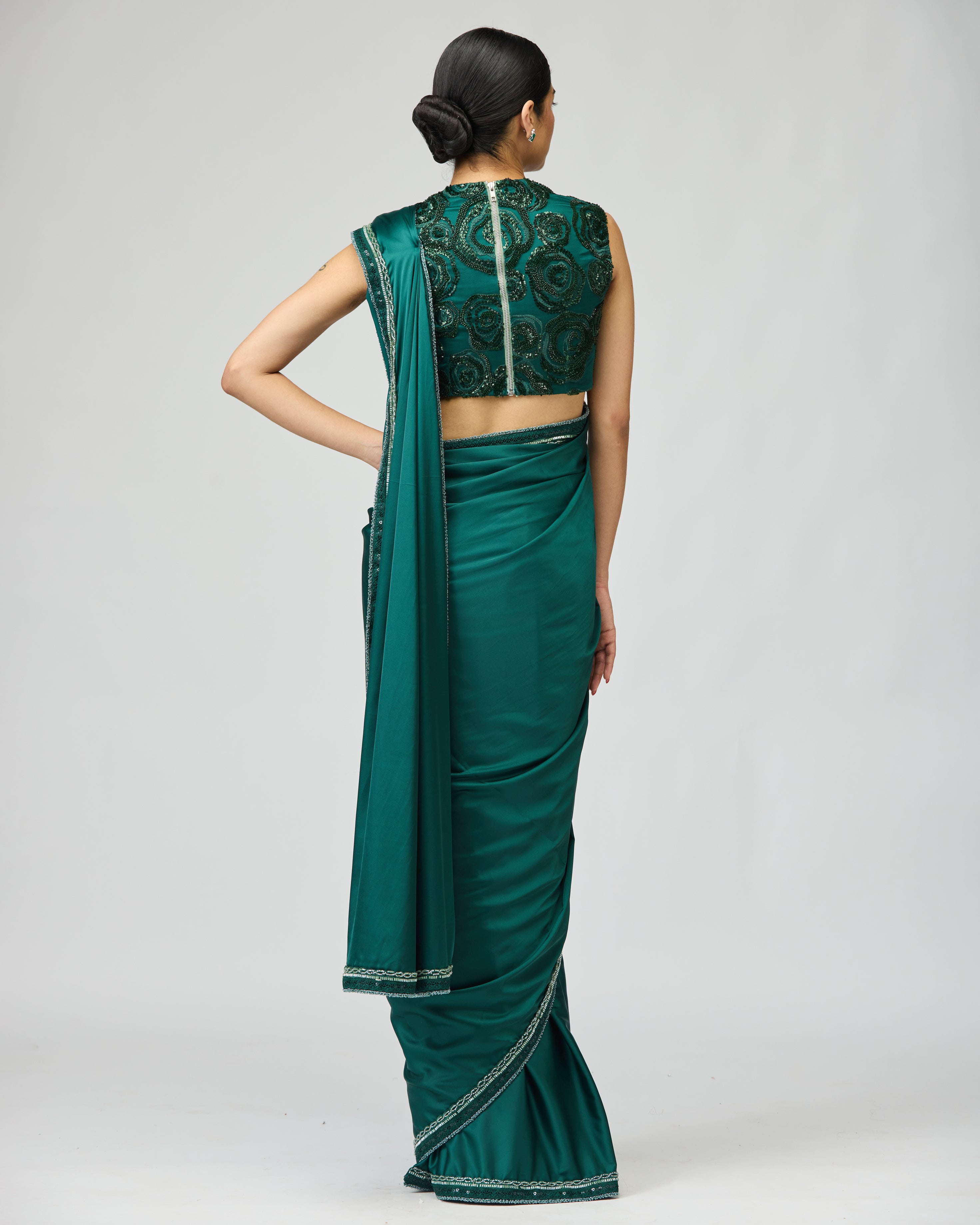 GREEN SATIN SAREE SET