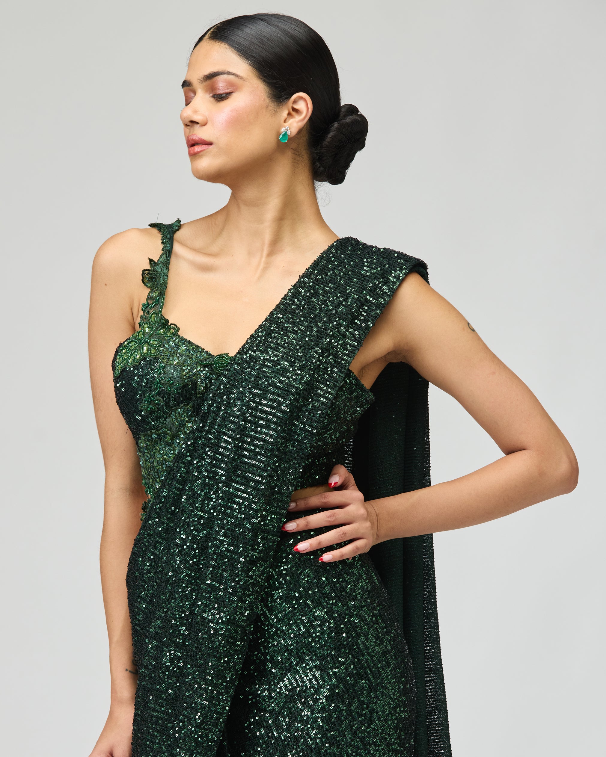 DARK GREEN SEQUIN SAREE SET