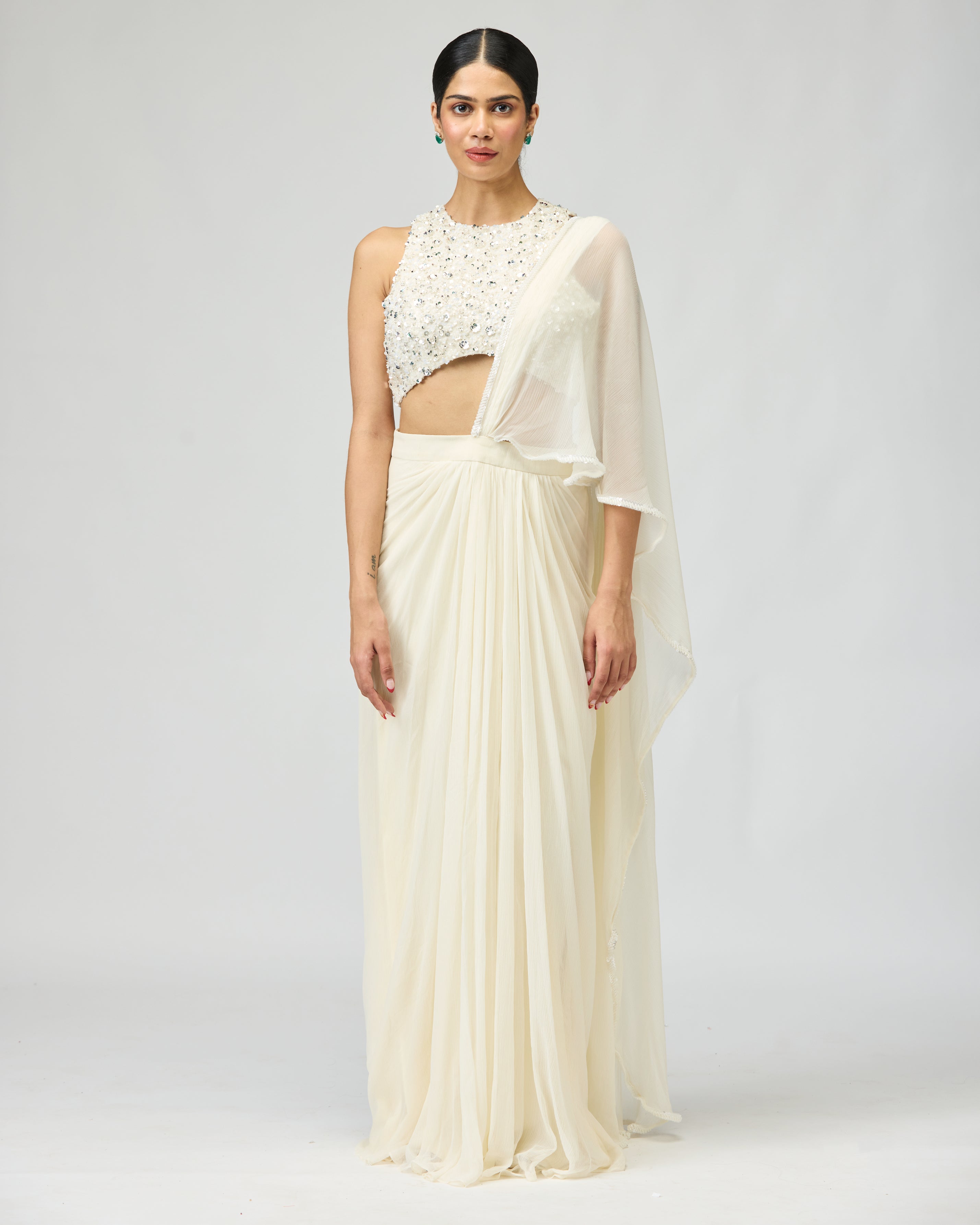 IVORY SILK CHIFFON SAREE SET