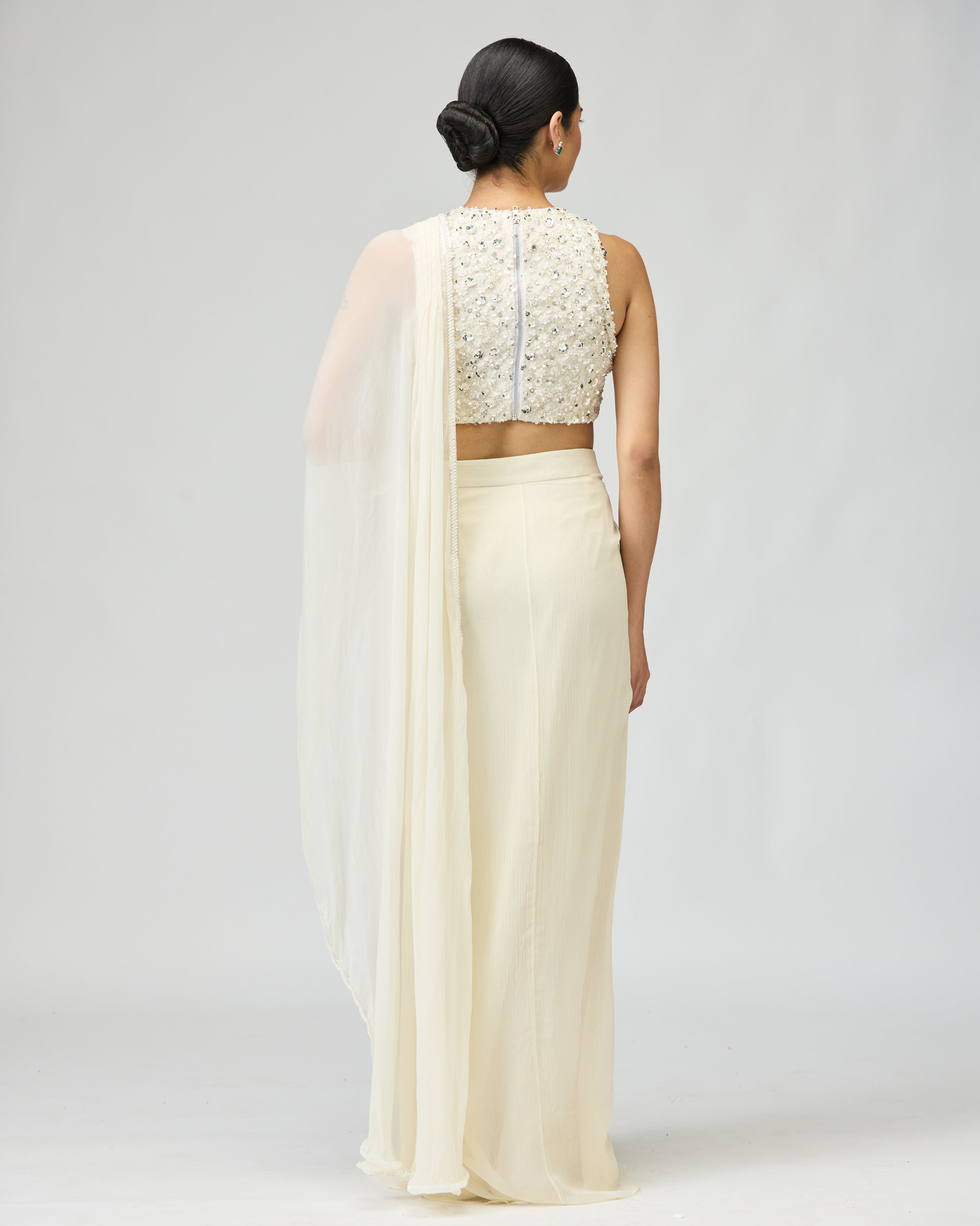 IVORY SILK CHIFFON SAREE SET