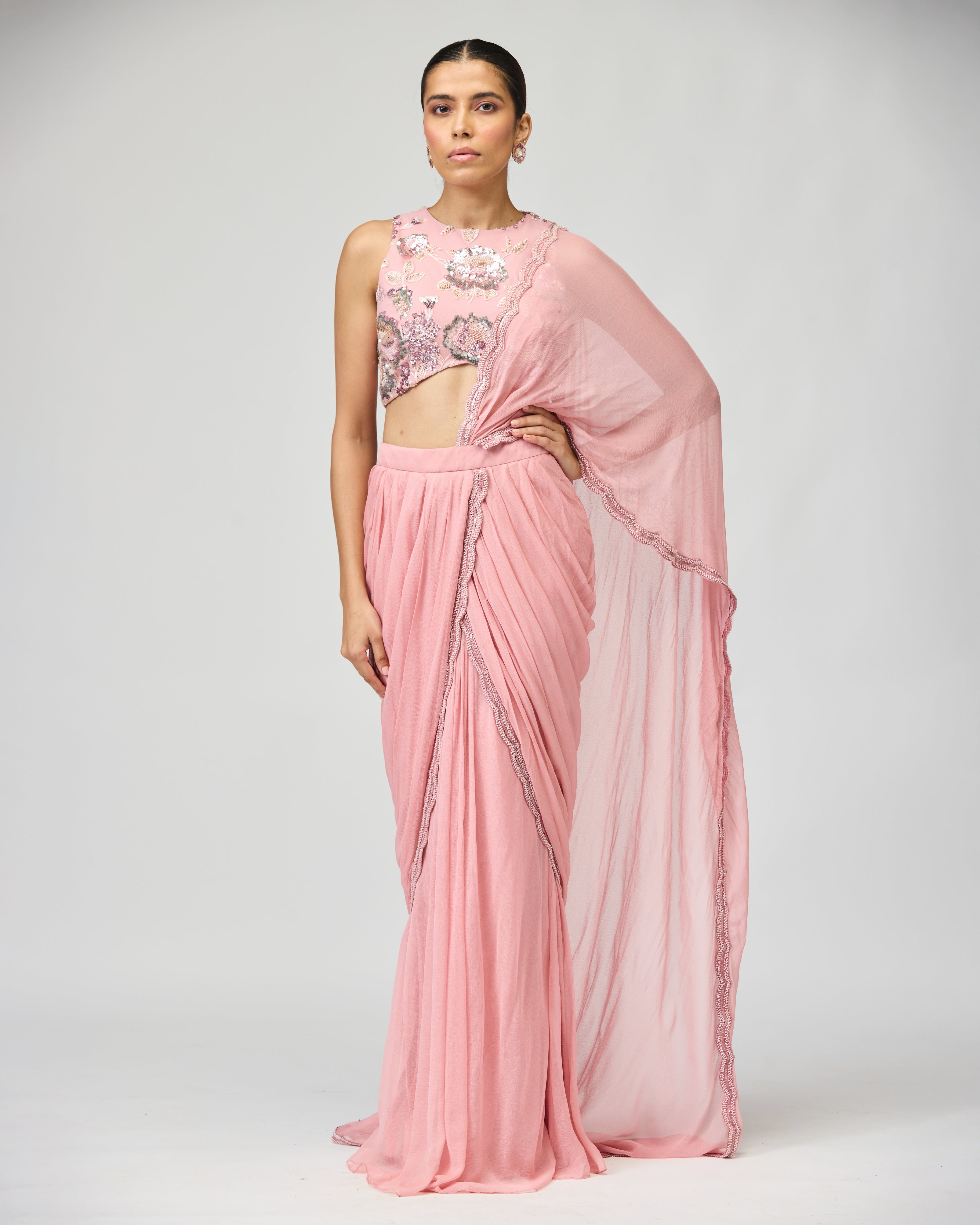 LIGHT PINK SILK CHIFFON SAREE SET