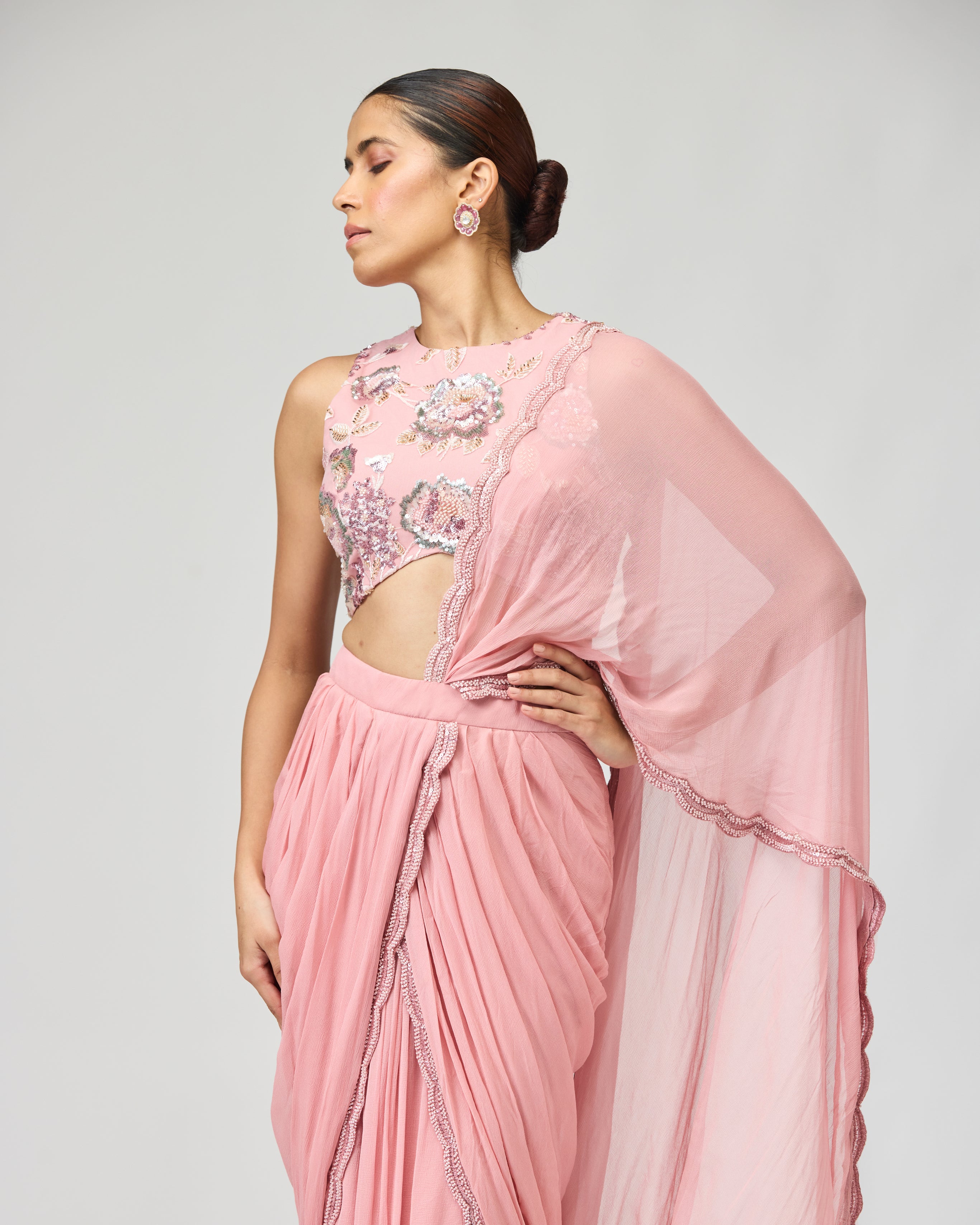 LIGHT PINK SILK CHIFFON SAREE SET