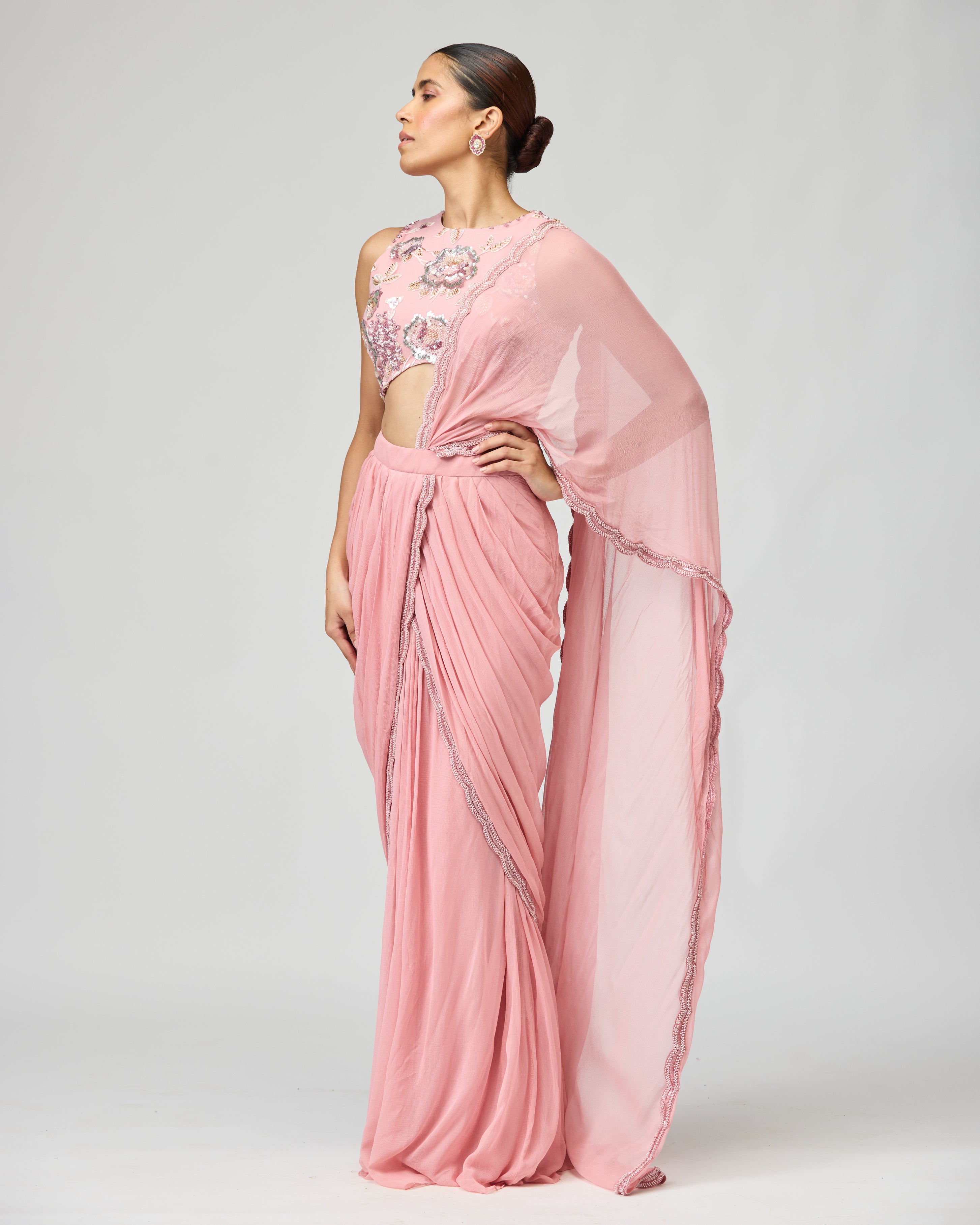 LIGHT PINK SILK CHIFFON SAREE SET