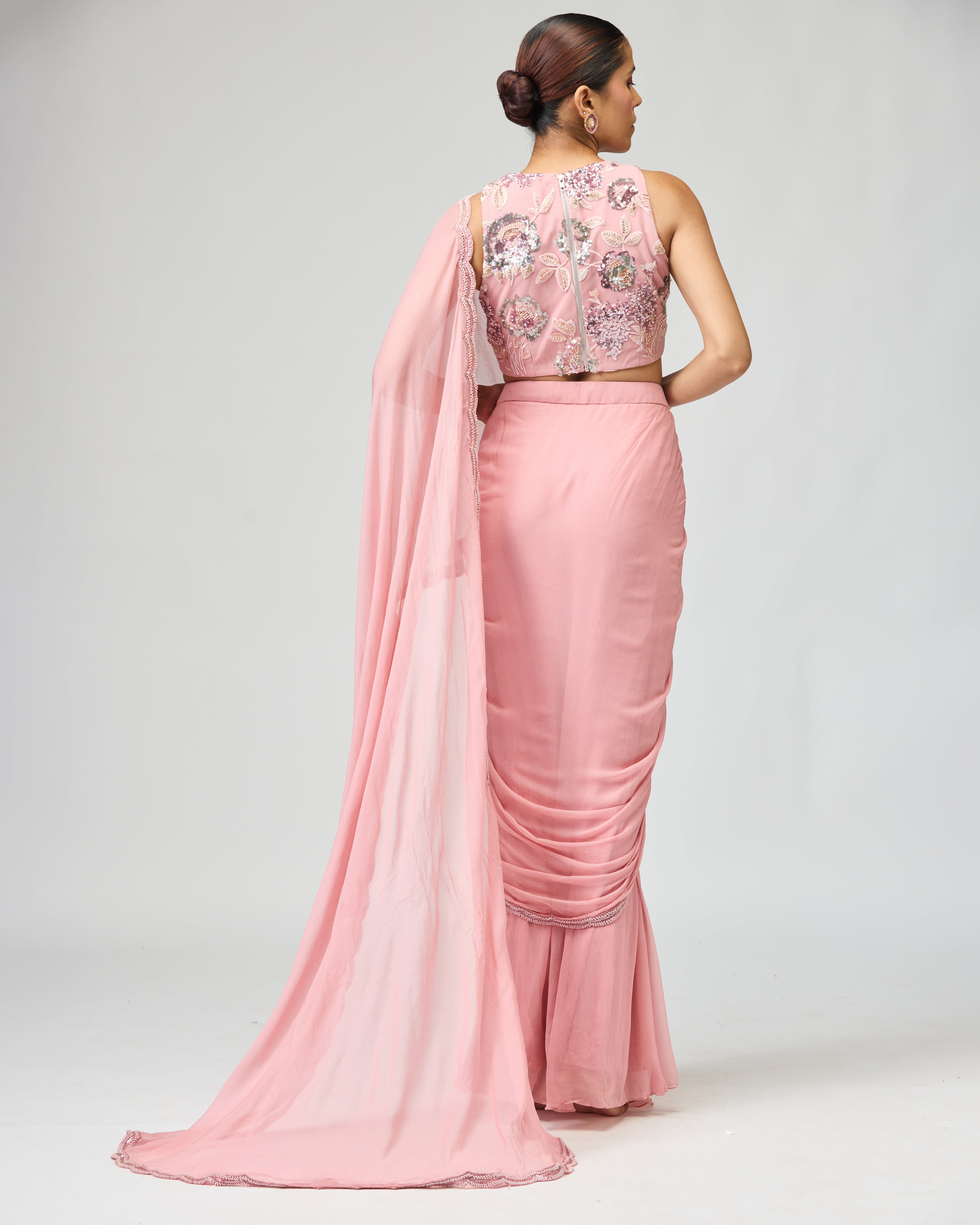 LIGHT PINK SILK CHIFFON SAREE SET