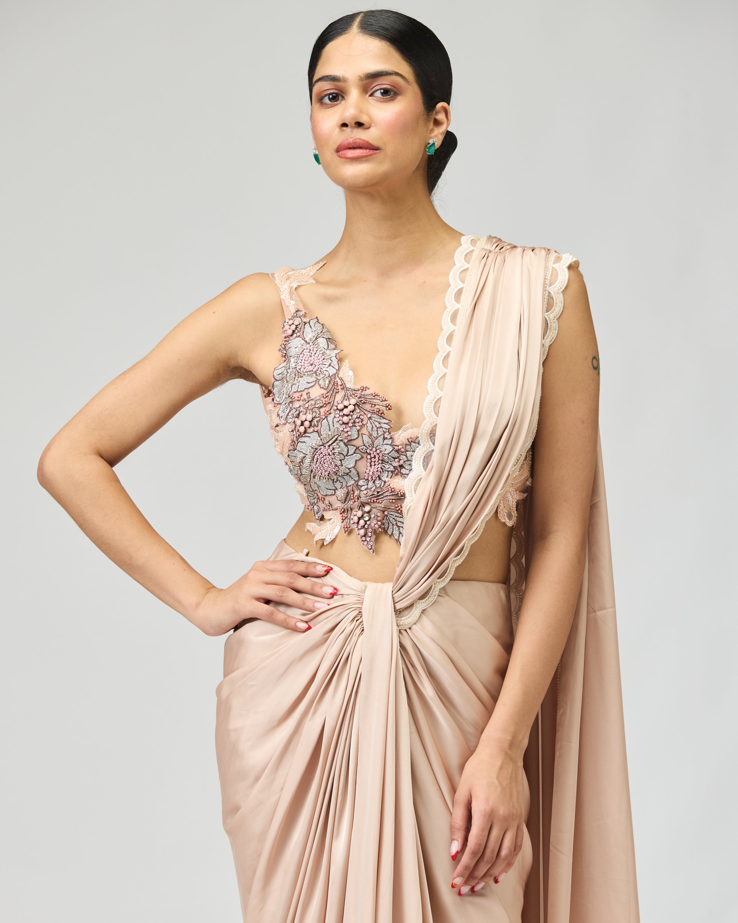 BLUSH SATIN SAREE SET