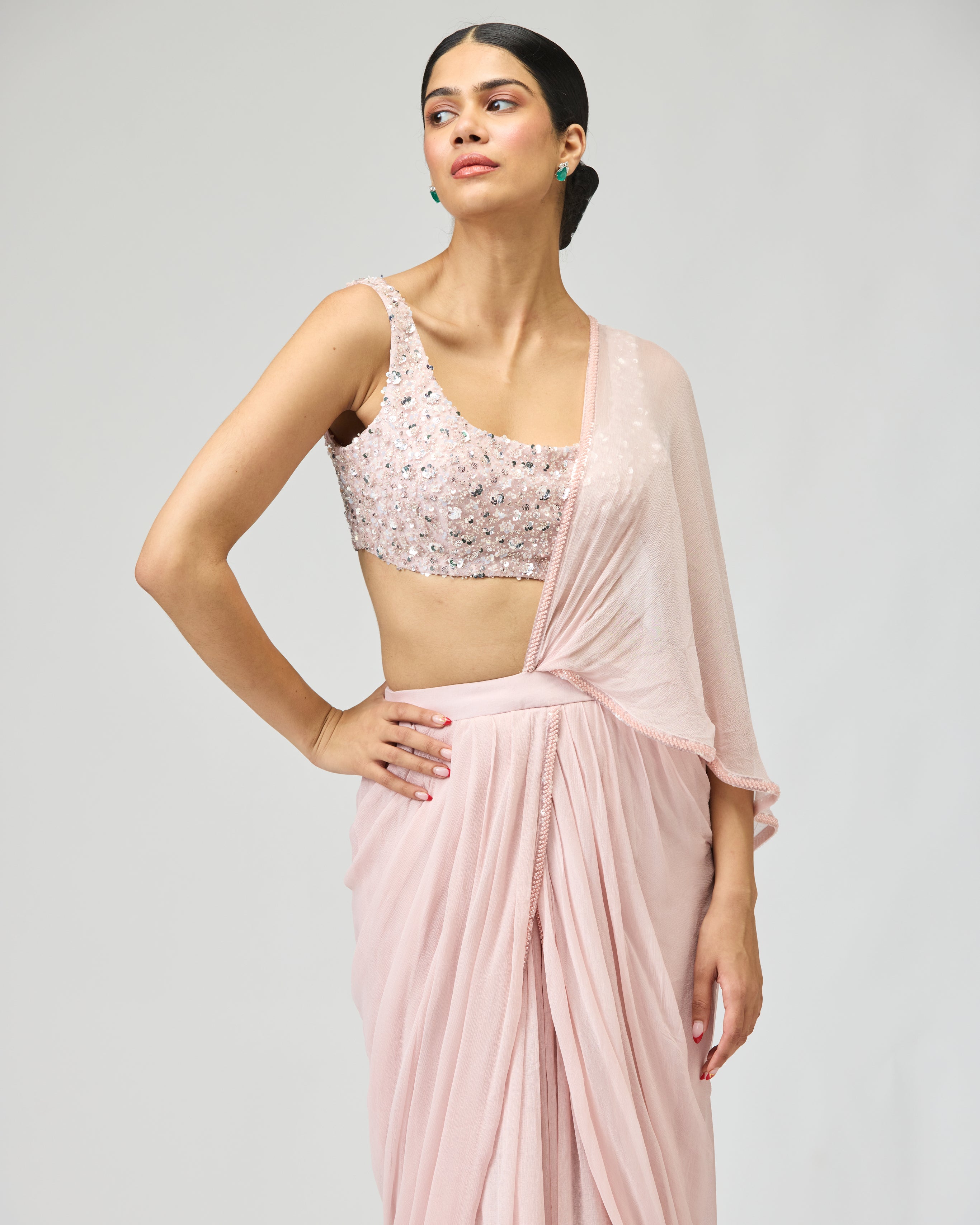 SILK CHIFFON LIGHT PINK SAREE SET