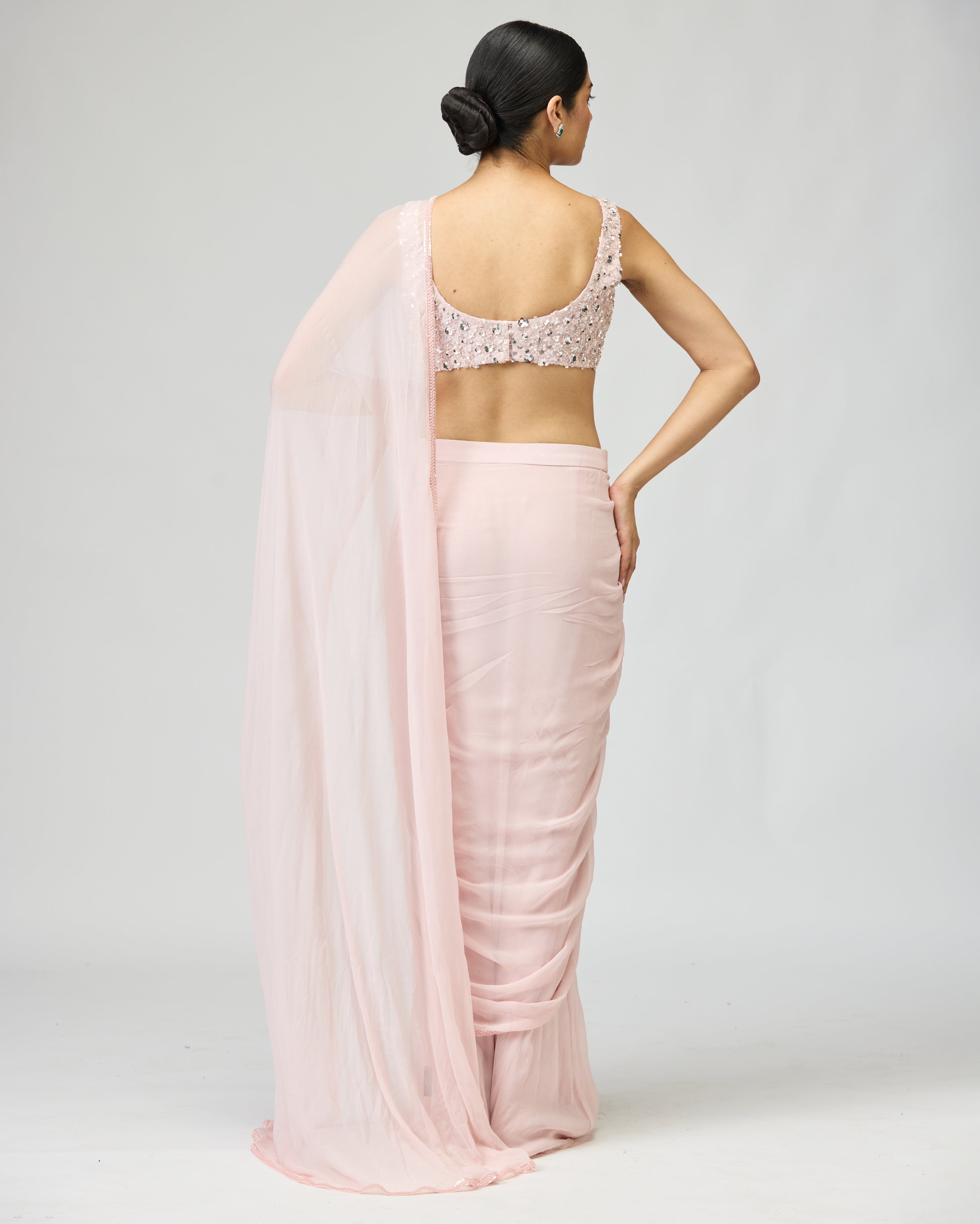 SILK CHIFFON LIGHT PINK SAREE SET
