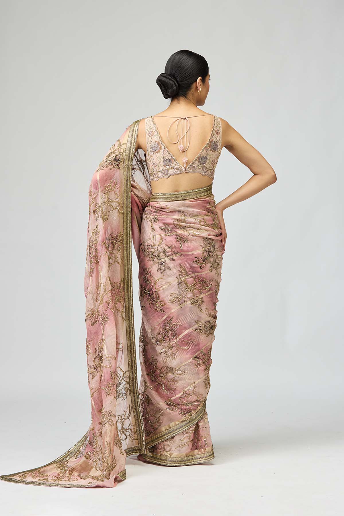 Floral Blush Embroidered Saree Set