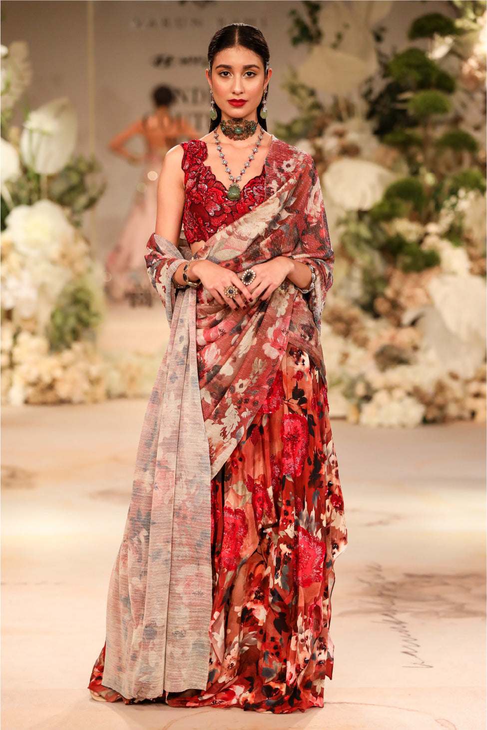 RED PRINTED SAREE GOWN WITH EMBROIDERED BODICE