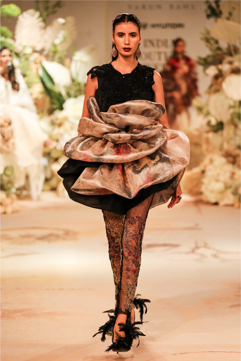 BLACK PRINTED PETAL DRESS WITH EMBELLISHED STOCKINGS