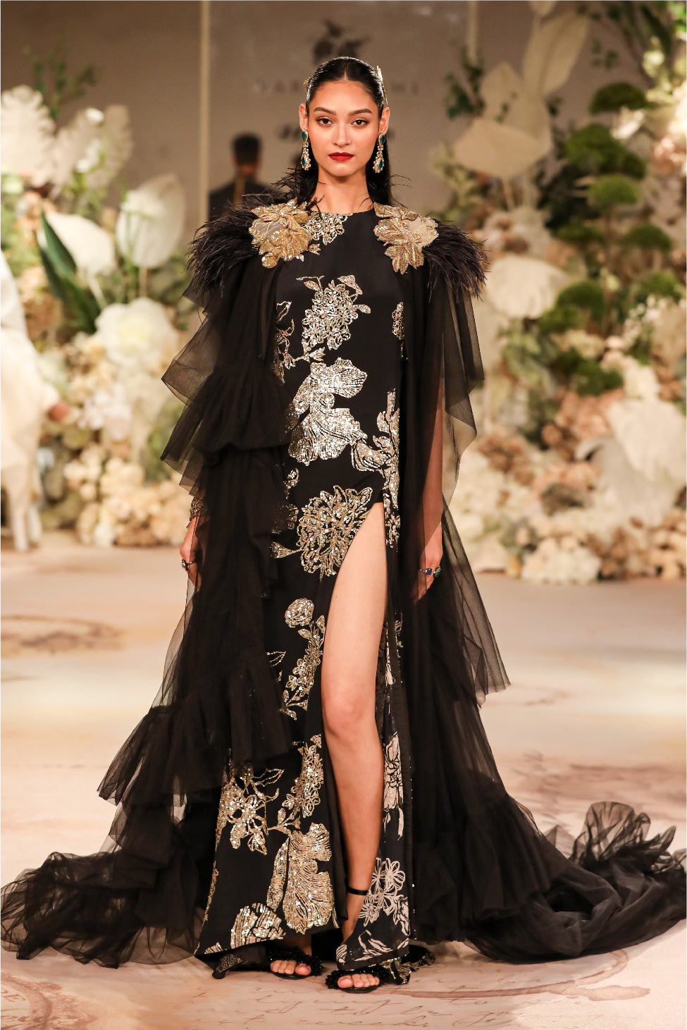 BLACK AND GOLD EMBROIDERED GOWN WITH TULLE CAPE