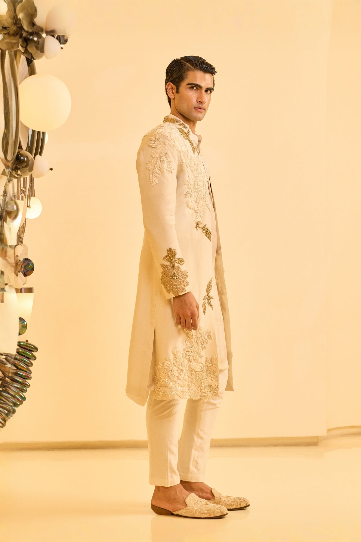 Beige Open Sherwani SET