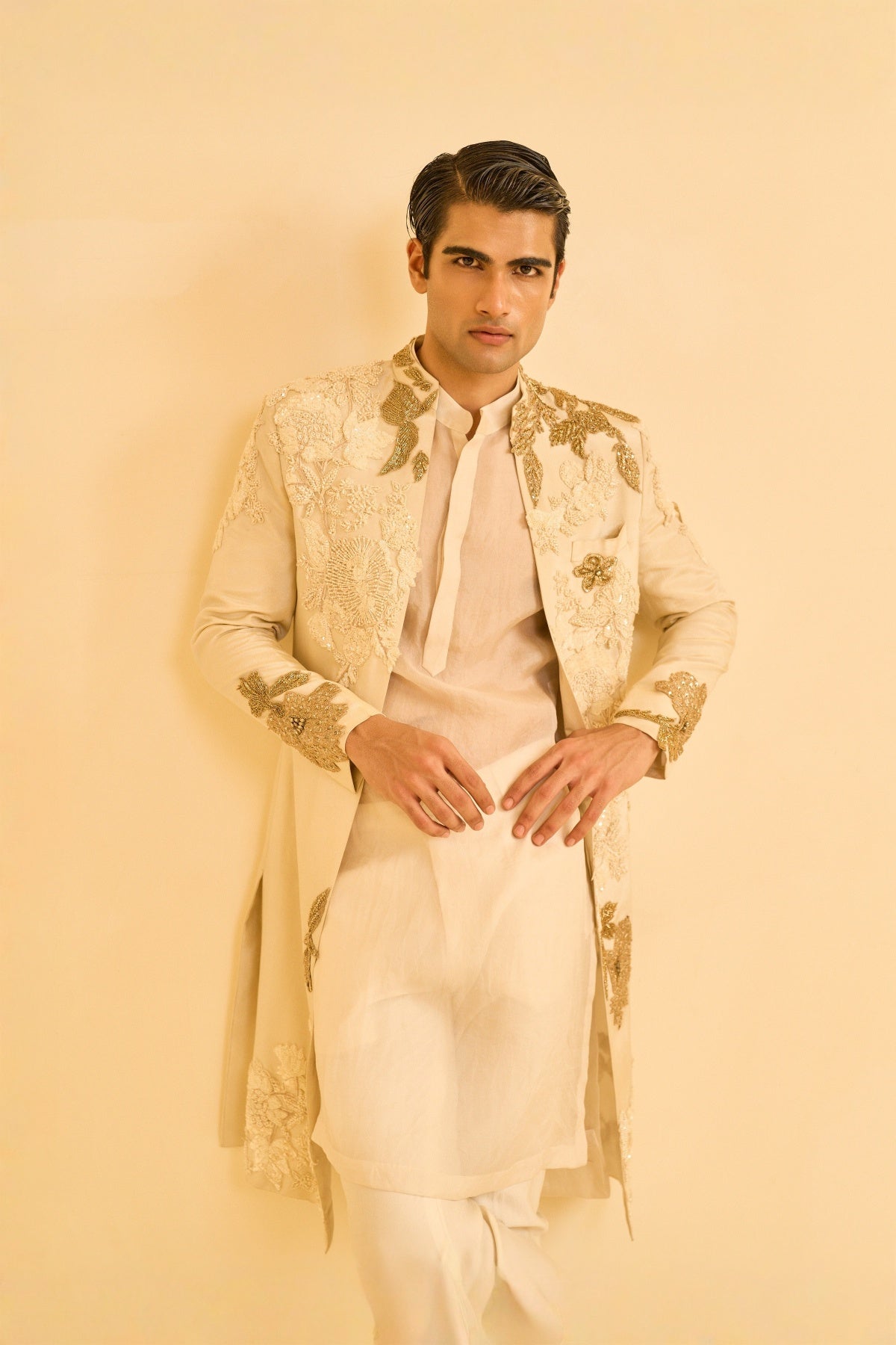 Beige Open Sherwani SET