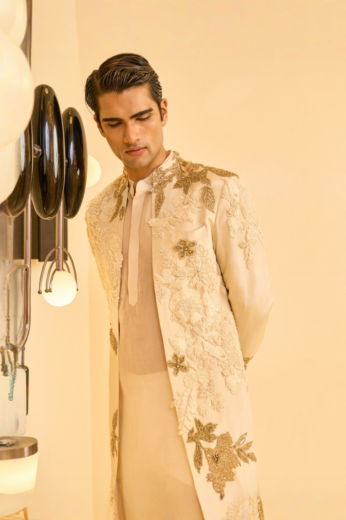 Beige Open Sherwani SET