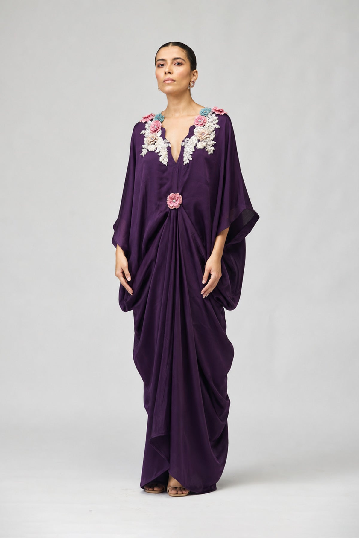 Pink Embroidered Draped Kaftan