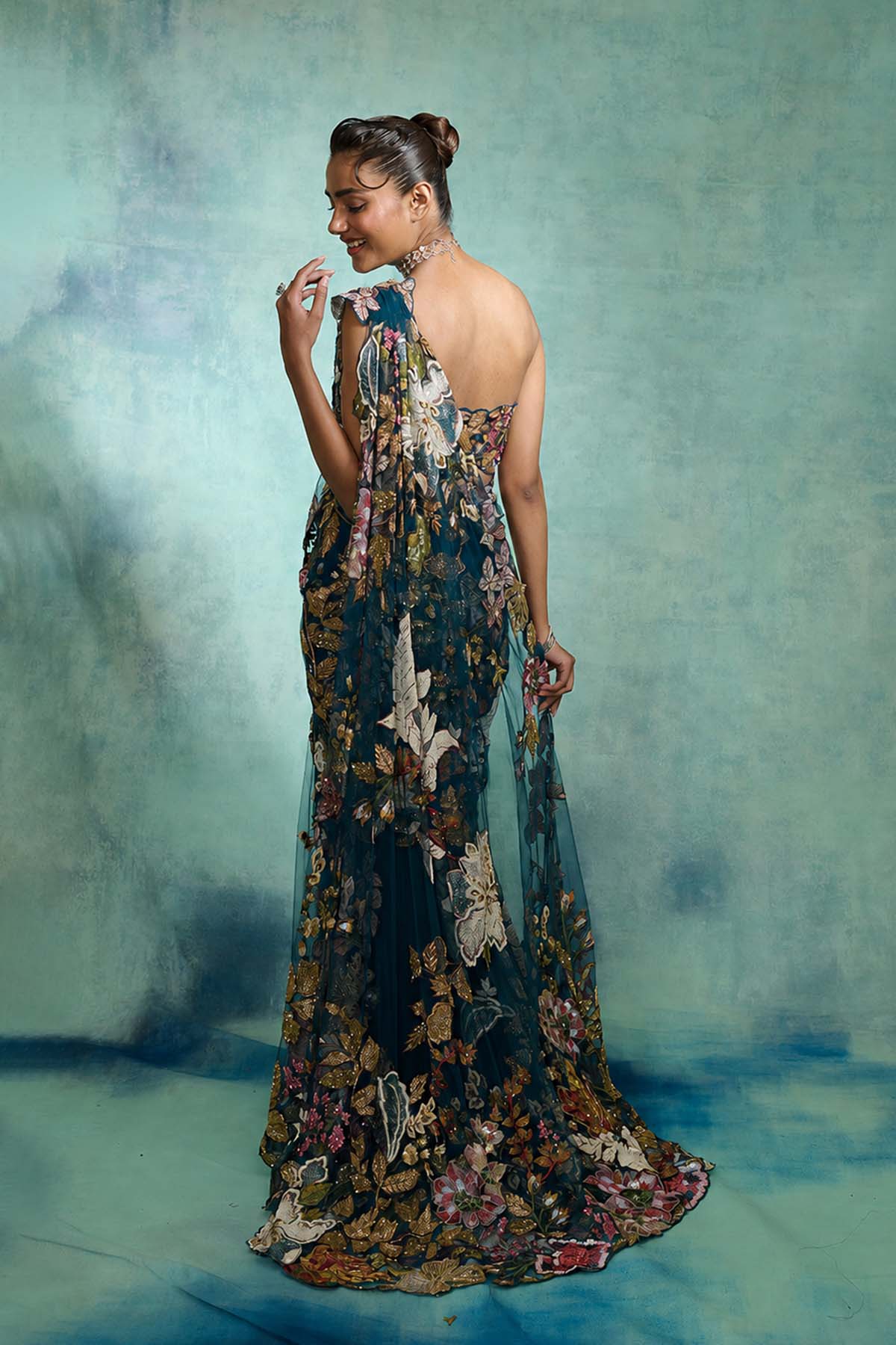 Ethereal Bloom Navy Blue Trail Saree