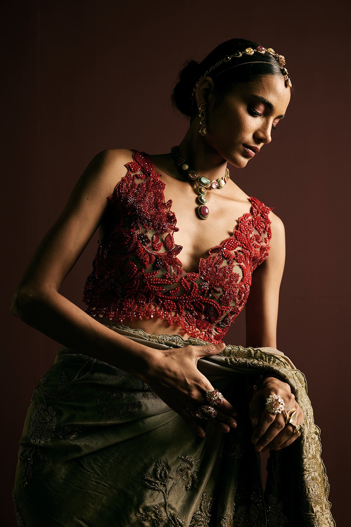 Tissue Embroidered Draped saree set