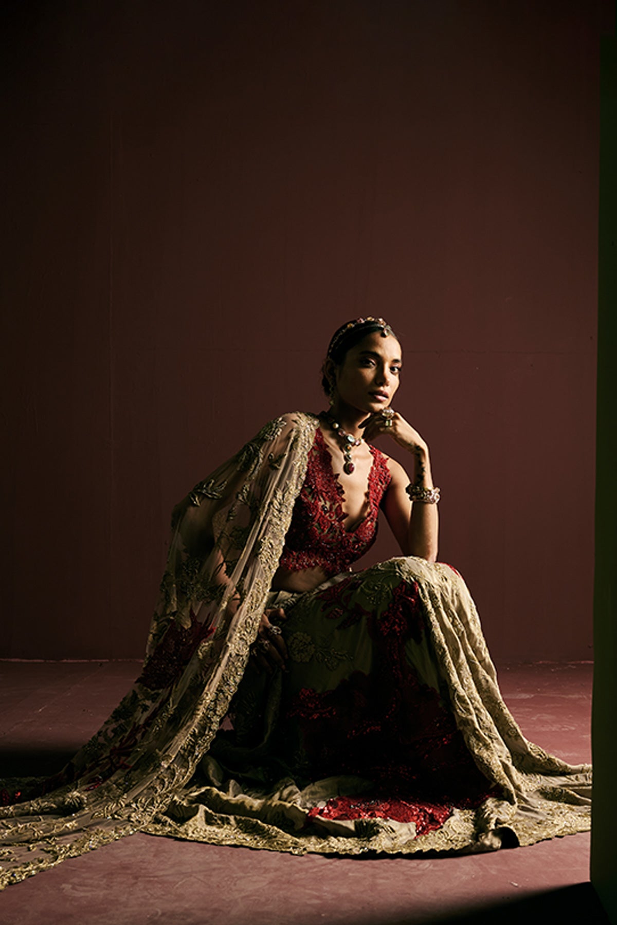 Tissue Embroidered Draped saree set