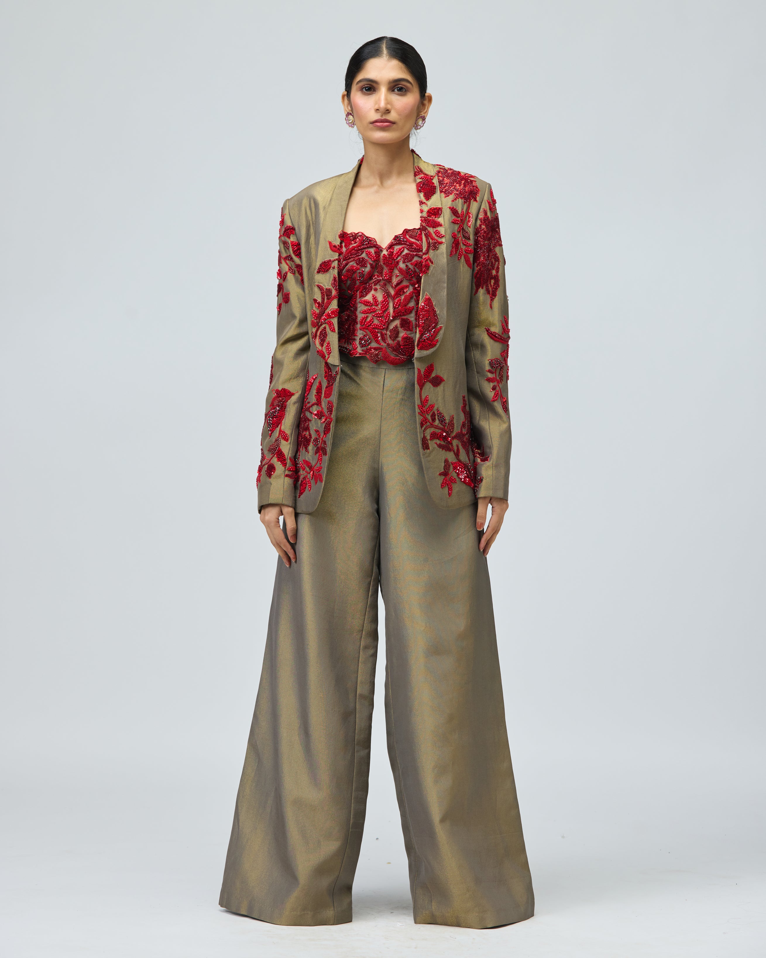 RED STONE EMBELLISHED JACKET SET