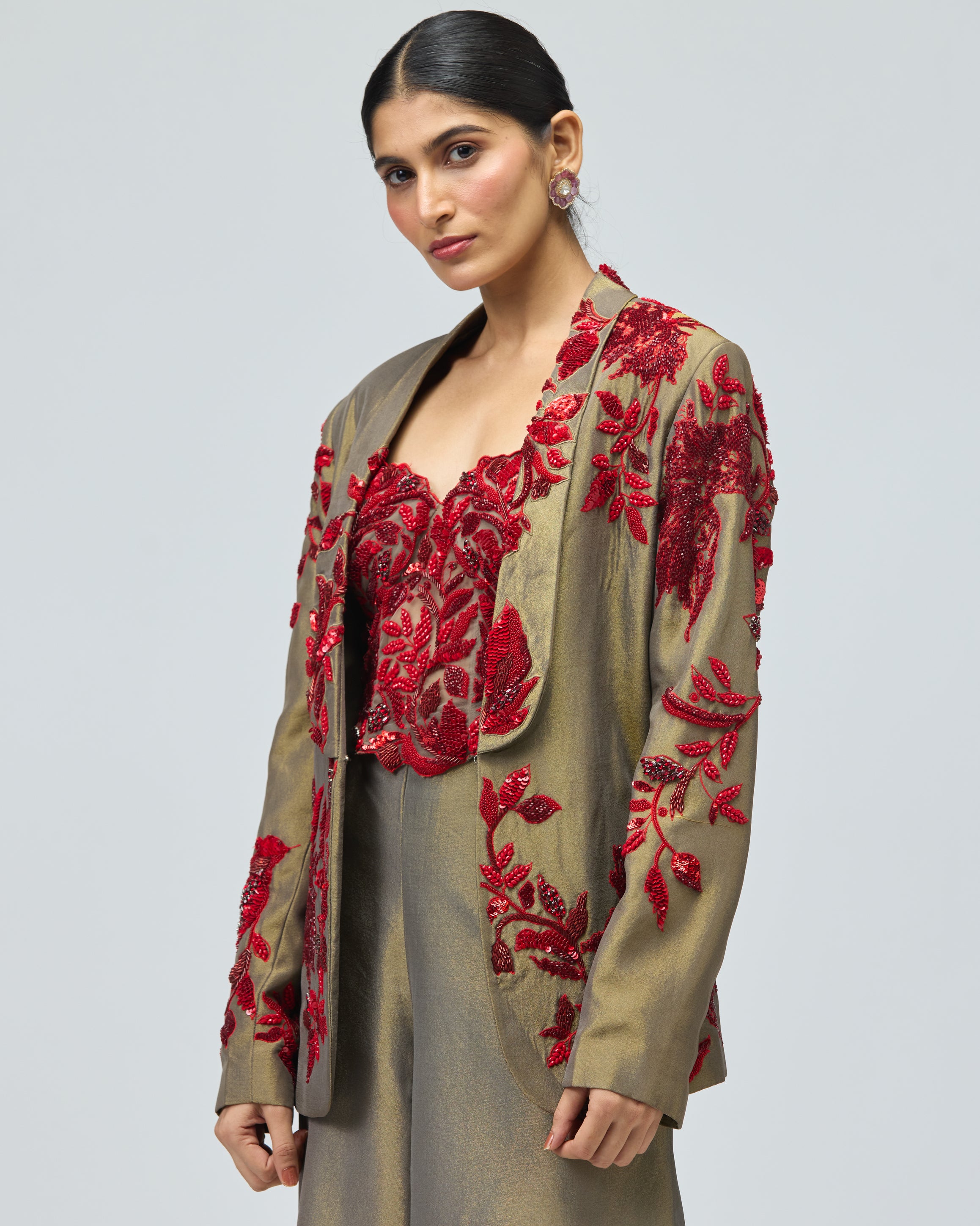 RED STONE EMBELLISHED JACKET SET