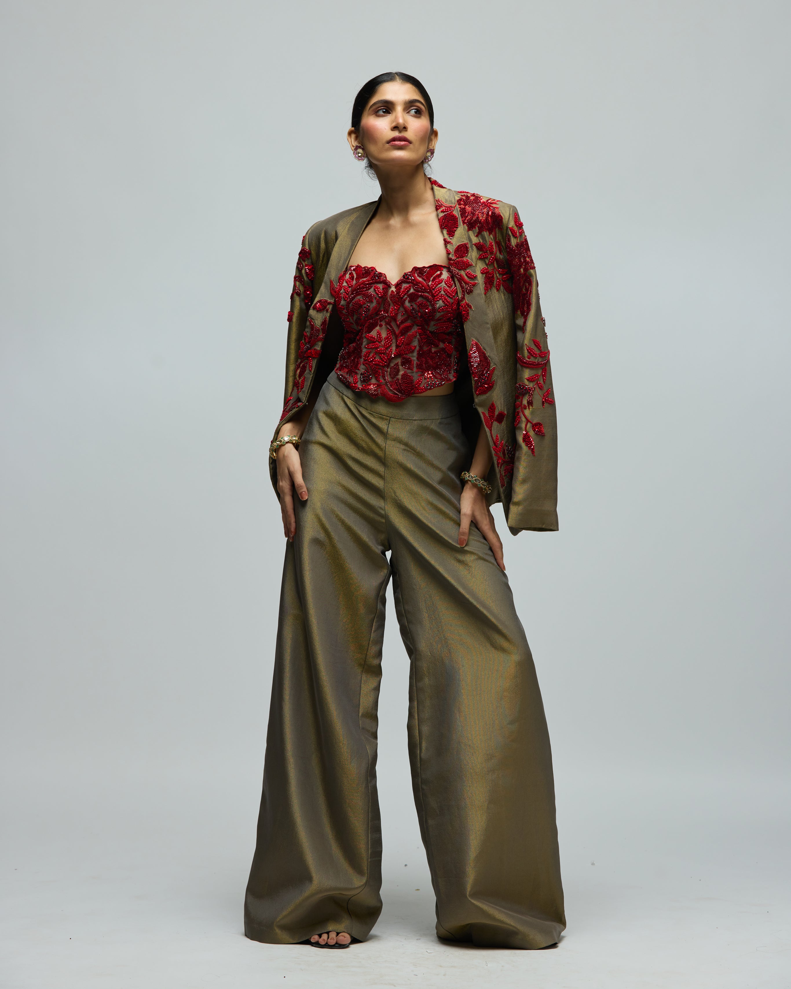 RED STONE EMBELLISHED JACKET SET