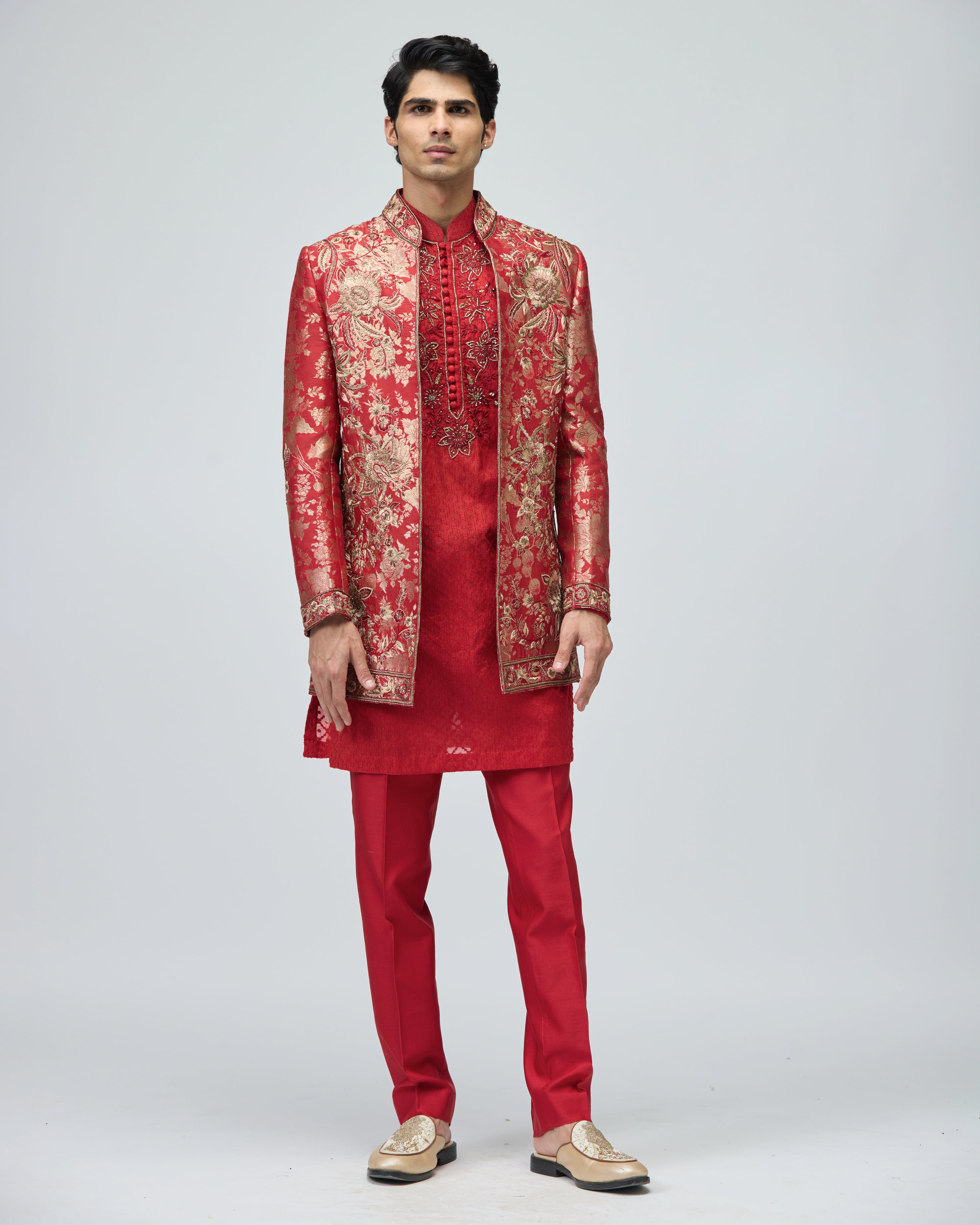 RED BROCADE SHERWANI SET