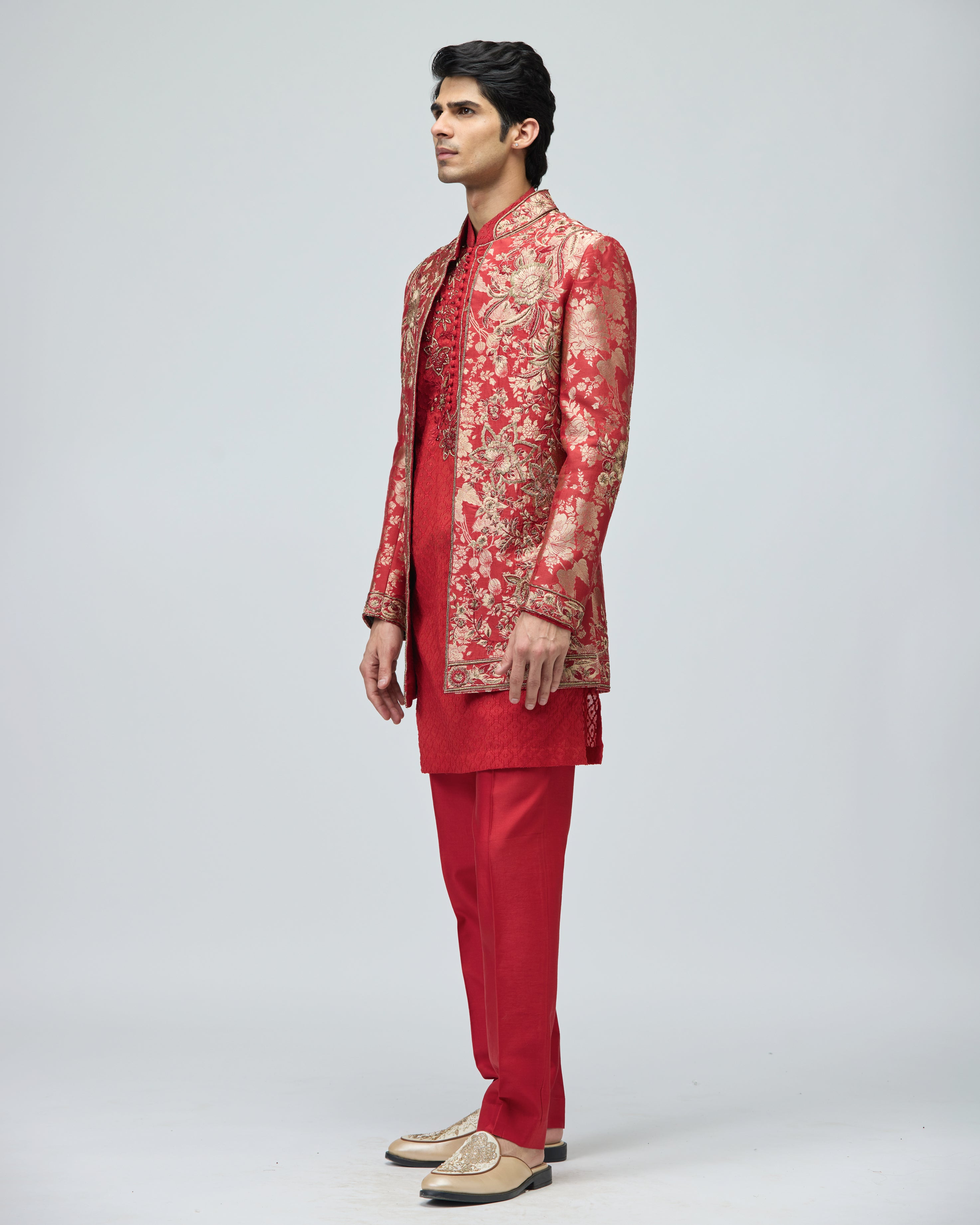 RED BROCADE SHERWANI SET